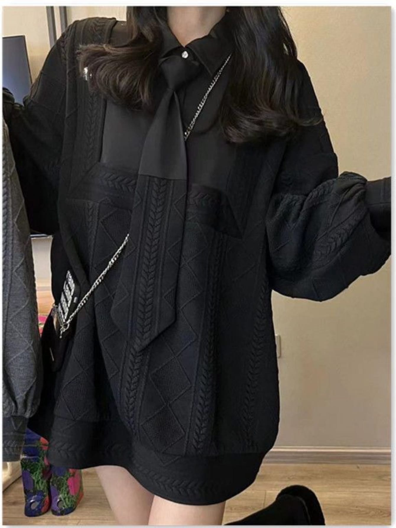 【ネクタイ付き】フェイクレイヤード トレーナー 襟付き 重ね着風 スウェット レディース ジャガード ニット チュニック 長袖 トップス 異素材 切り替え シャツ襟 ゆったり 体型カバー 着痩せ 細見え お尻隠れる カジュアル オフィス 通勤 通学 デート 秋冬 韓国