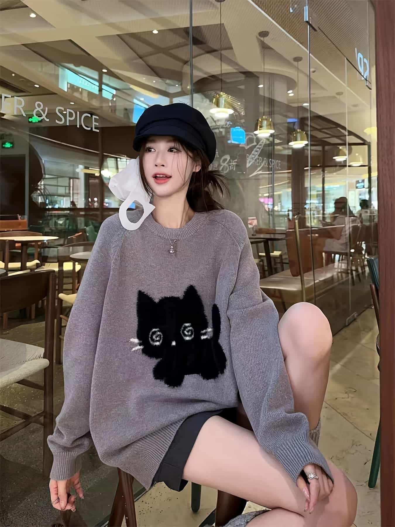 【猫好き必見】ニット セーター レディース 猫柄 ねこ トップス 丸首 長袖 プルオーバー ビッグシルエット オーバーサイズ ゆったり 体型カバー 着痩せ 伸縮性 ストレッチ ソフト ジャガード レトロ ヴィンテージ風 大人可愛い カジュアル 秋冬 20代 30代 40代