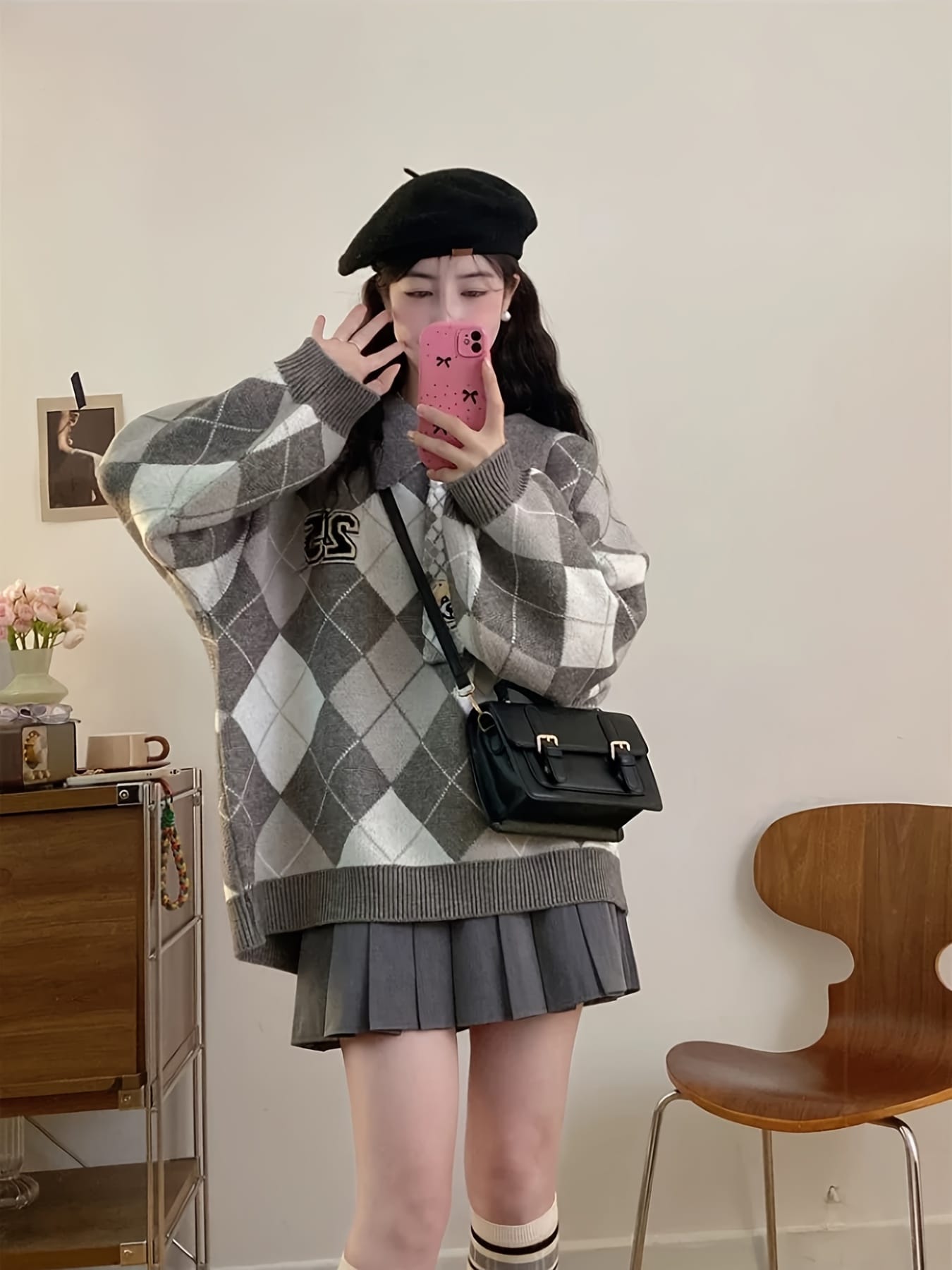 【アーガイル柄】ニットセーターレディース襟付きポロ襟トップスプルオーバー菱形長袖ビッグシルエットオーバーサイズゆったりゆるニット厚手柔らかいもちもち体型カバー着痩せ華奢見え二の腕カバースクール風レトロプレッピーカジュアル春秋冬通学通勤学生大学生グレー
