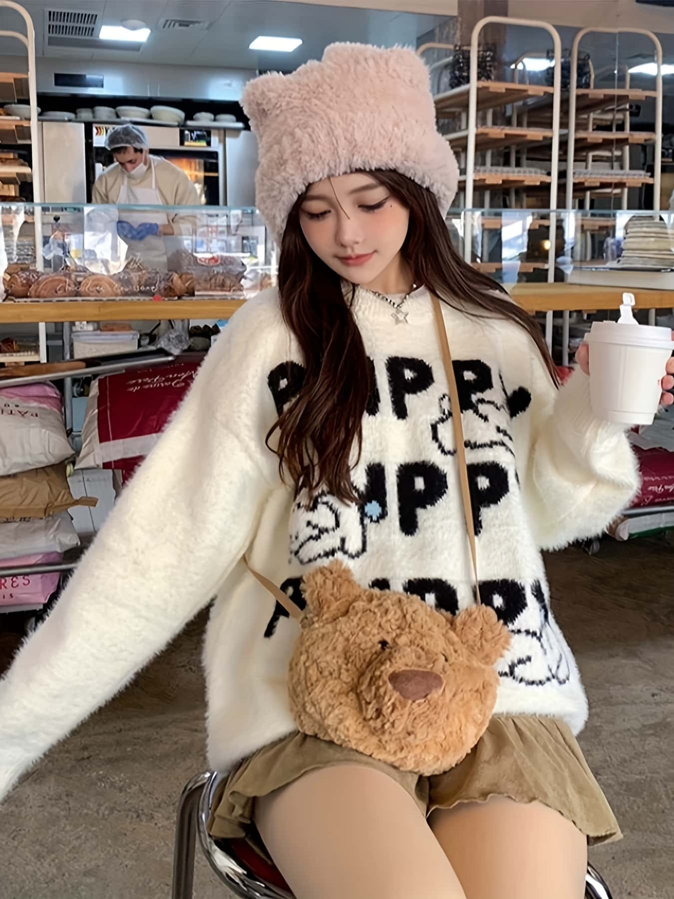 【ふわふわ】ニット セーター レディース 秋冬 シャギーニット ミンクタッチ チュニック トップス プルオーバー 長袖 厚手 暖かい クルーネック ロゴ カジュアル 韓国ファッション ビッグシルエット オーバーサイズ ゆったり 体型カバー 二の腕カバー 着痩せ