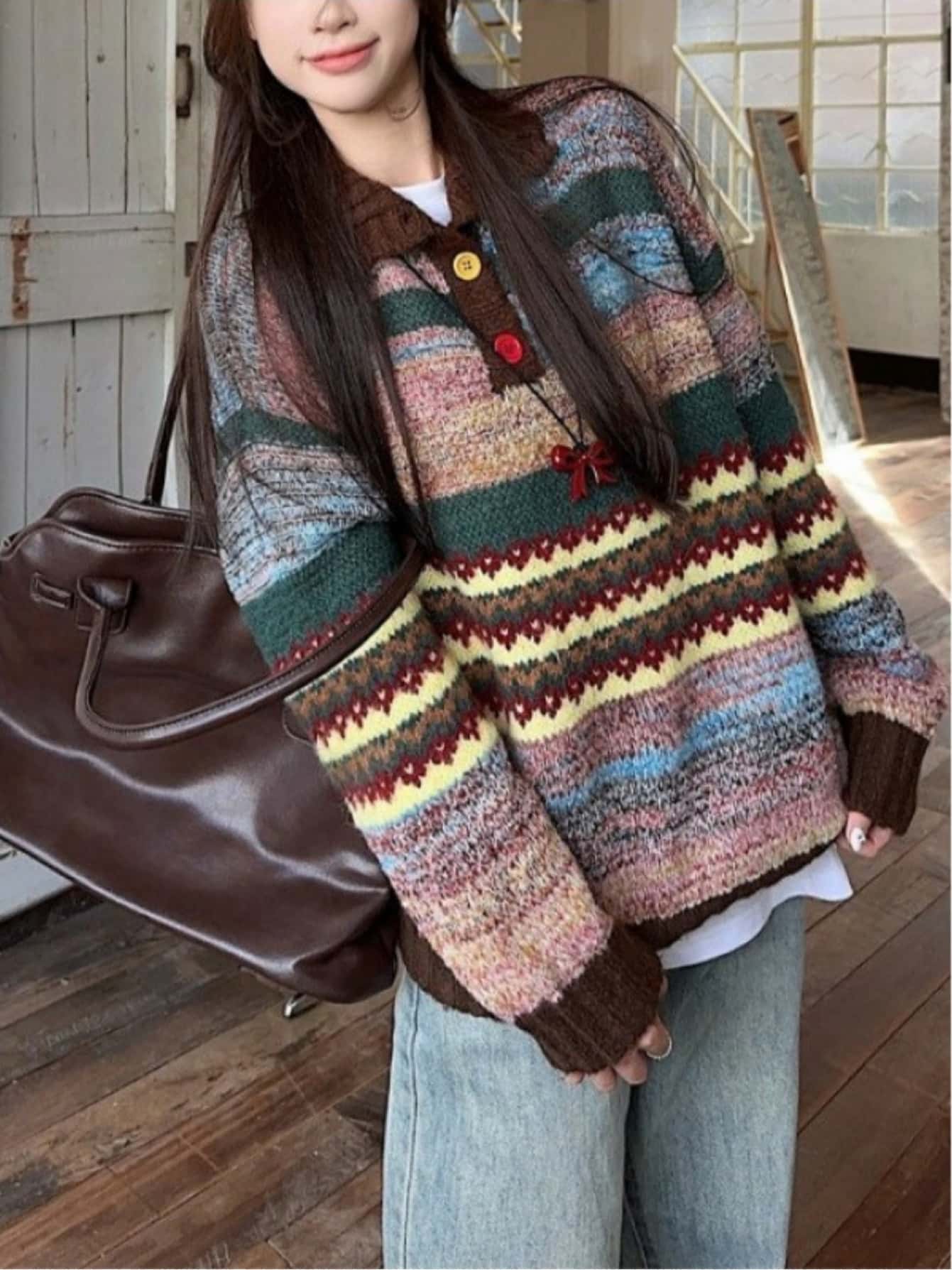 【レトロ可愛い】マルチボーダー ポロ襟 ニット セーター レディース トップス 襟付き 長袖 幾何学柄 総柄 厚手 ハーフボタン 韓国ファッション オルチャン ゆったり ビッグシルエット オーバーサイズ プルオーバー 体型カバー 着痩せ 二の腕カバー 華奢見え 抜け感｜Yokos 8,262円
