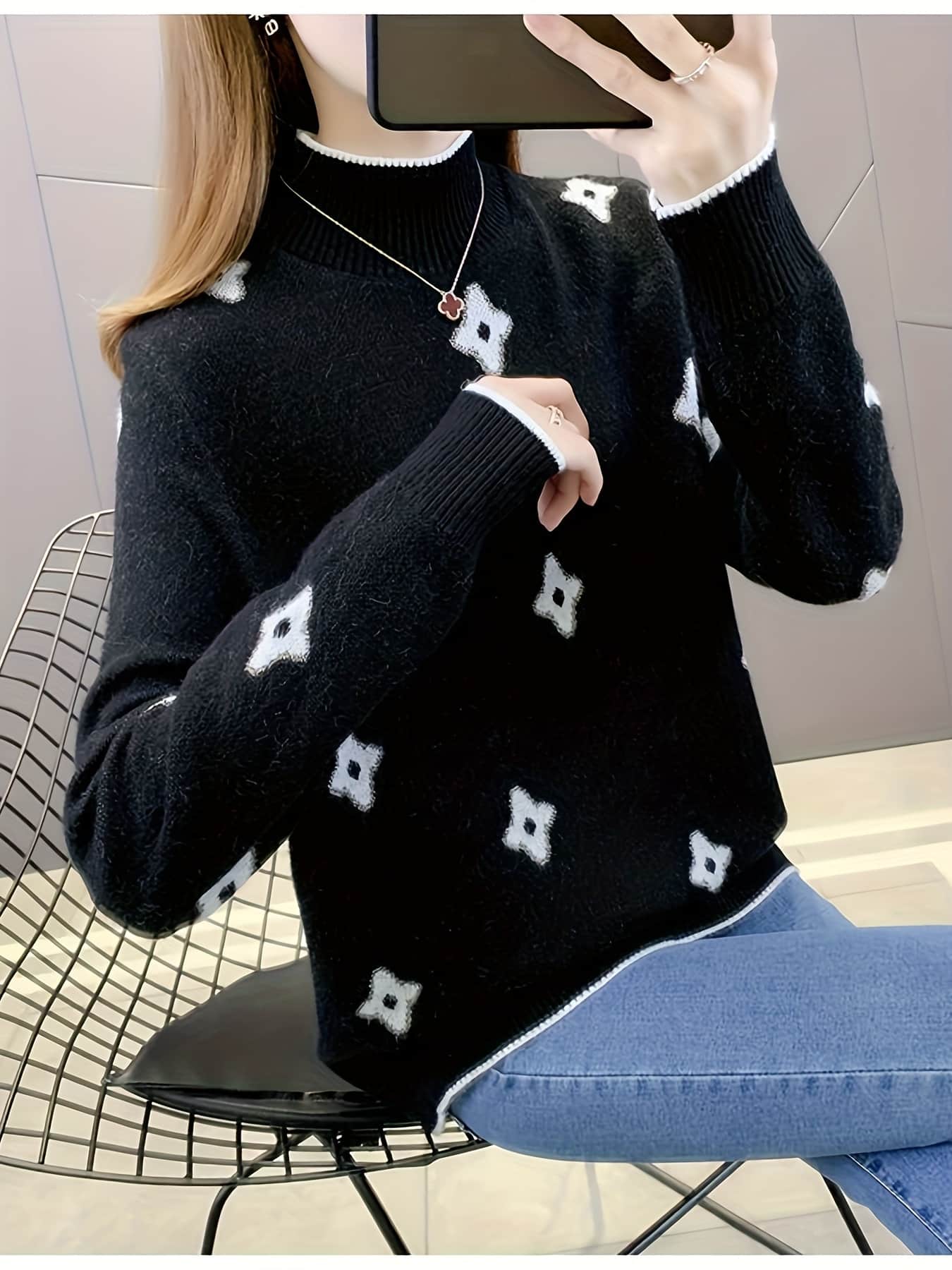 【バイカラー】ニット セーター レディース ハイネック タートルネック モックネック ジャガード 総柄 トップス プルオーバー 長袖 厚手 暖かい ゆるニット オーバーサイズ ゆったり 体型カバー 着痩せ 細見え 楽ちん レトロ ヴィンテージ風 クラシック 大人可愛い