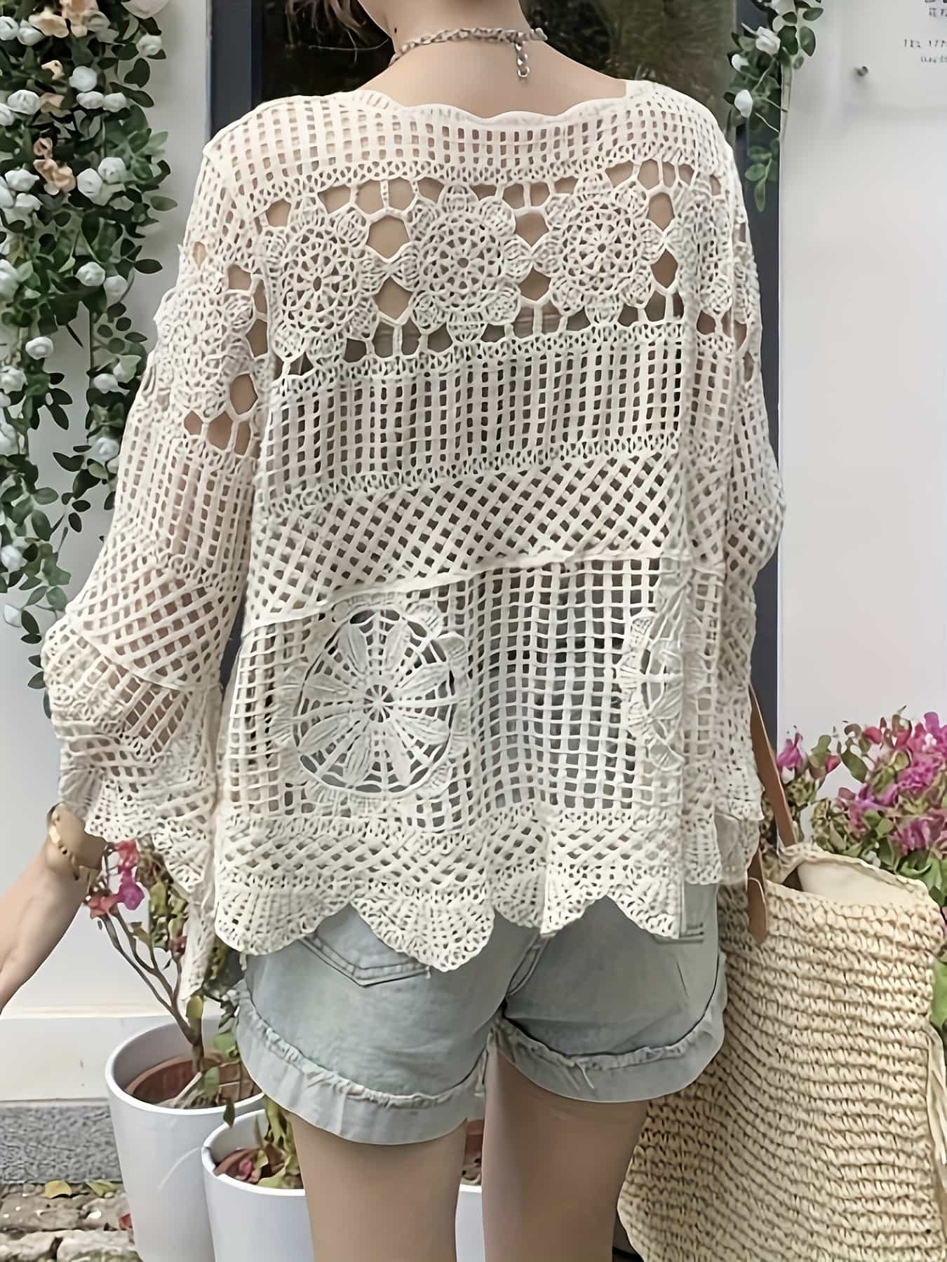 【大人の透け感】かぎ針編み ニット レディース トップス 透かし編み サマーニット ベルスリーブ クロシェ編み レース 花柄 長袖 プルオーバー チュニック ゆったり 体型カバー 着痩せ 二の腕カバー おしゃれ 可愛い きれいめ カジュアル レイヤード 重ね着 春 夏 秋