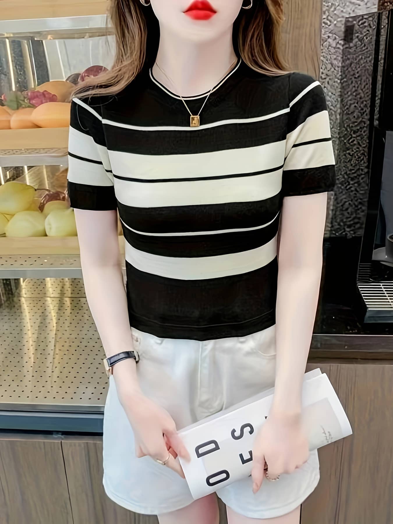 【細見え】ボーダー Tシャツ レディース 半袖 カットソー クルーネック サマーニット トップス 縞々 柄 カジュアル きれいめ スリム タイト 伸縮性 ストレッチ 楽ちん 洗える シワになりにくい 二の腕カバー 体型カバー 着痩せ オフィス OL 通勤 ママコーデ 重ね着