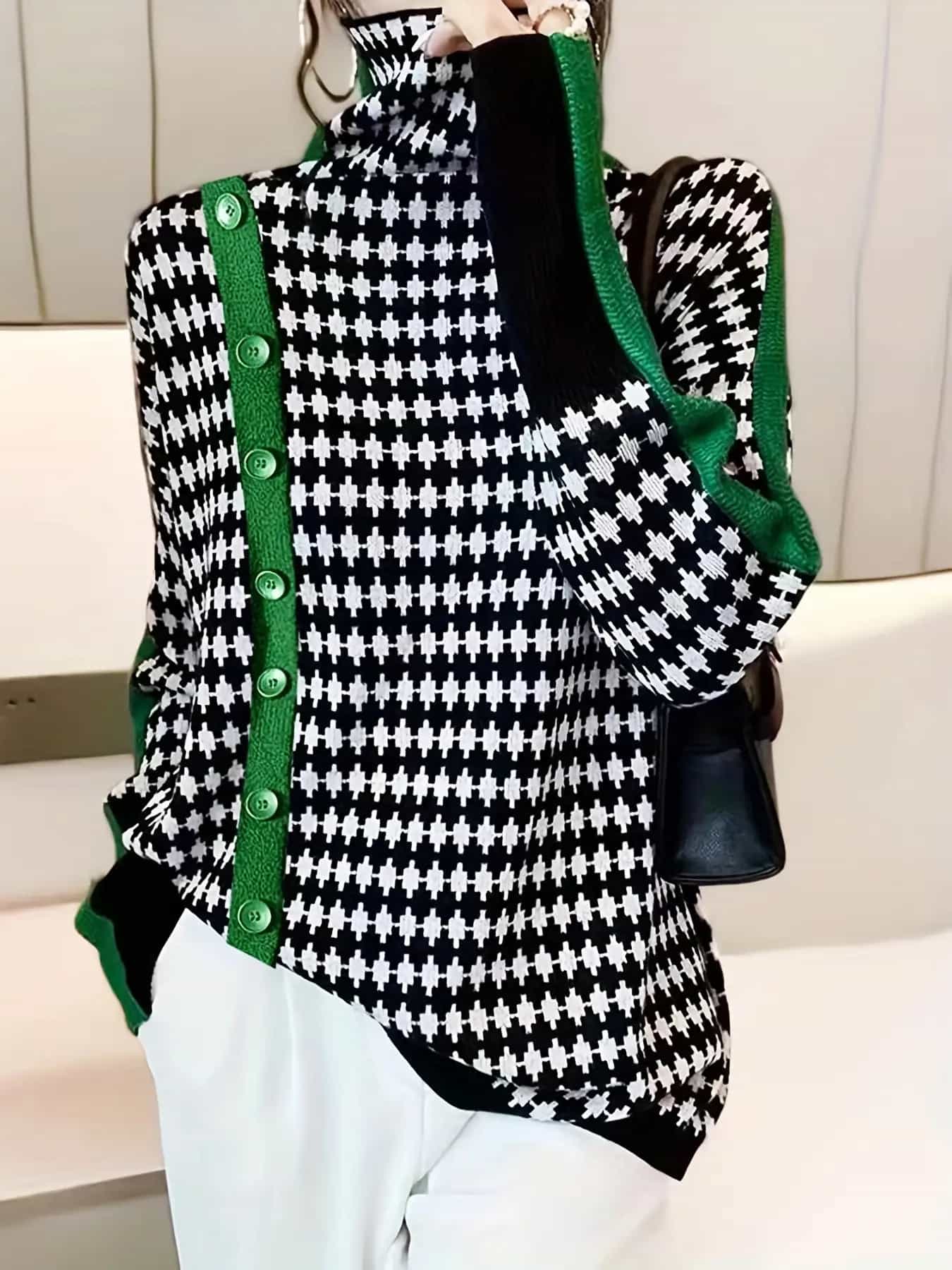 【千鳥格子柄】 ハイネック ニット セーター レディース タートルネック 配色 切り替え トップス プルオーバー 長袖 ボタン 伸縮性 ストレッチ ゆったり 体型カバー 着痩せ 細見え 二の腕カバー オフィス 通勤 OL 大人可愛い 洗える ウォッシャブル シワ防止 春 秋 冬