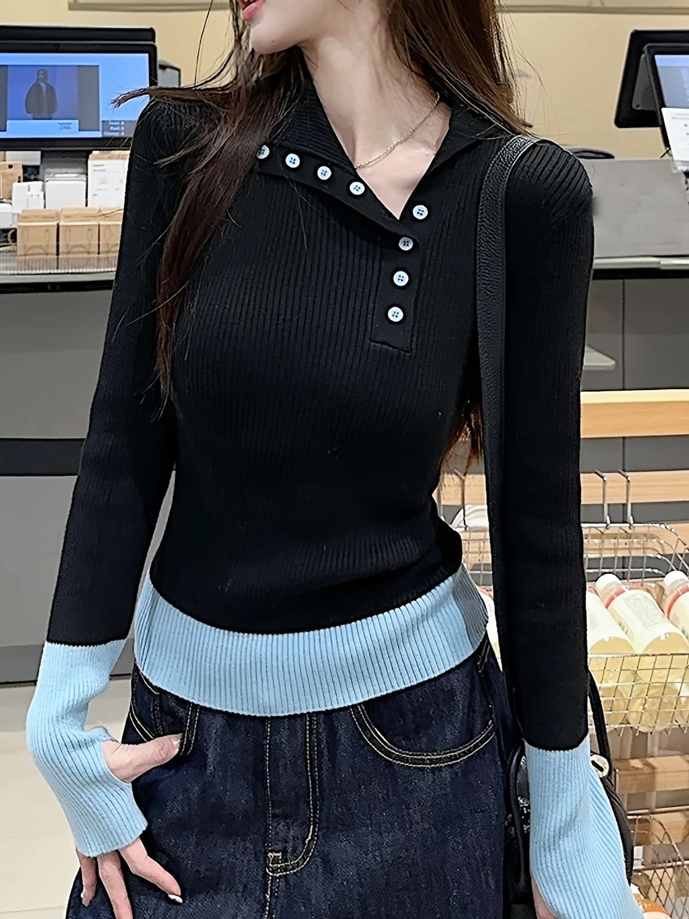 【配色デザイン】ニット トップス レディース 長袖 ポロネック 襟付き スキッパー ボタン リブニット セーター カットソー 伸縮 ストレッチ タイト フィット 着痩せ 細見え 華奢見え 体型カバー 秋冬 春 オフィス 通勤 OL デート 女子会 大人可愛い カジュアル 韓国風