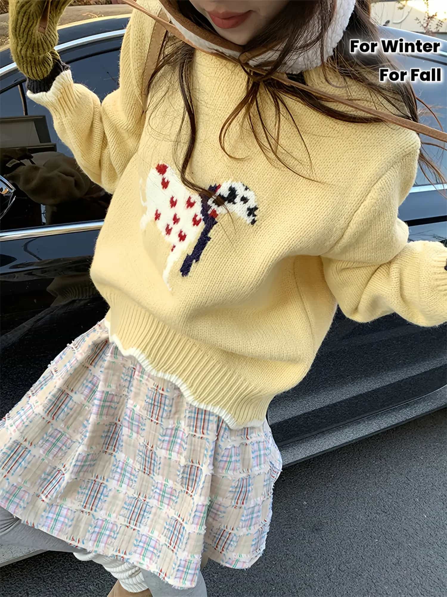 【大人可愛い】 ニット セーター レディース 秋冬 長袖 トップス プルオーバー アニマル 刺繍 犬 ワンちゃん クルーネック 丸首 イエロー 黄色 ゆったり 大きいサイズ ビッグシルエット 体型カバー 着痩せ 暖かい 防寒 柔らかい カジュアル 通学 デート お出かけ 休日