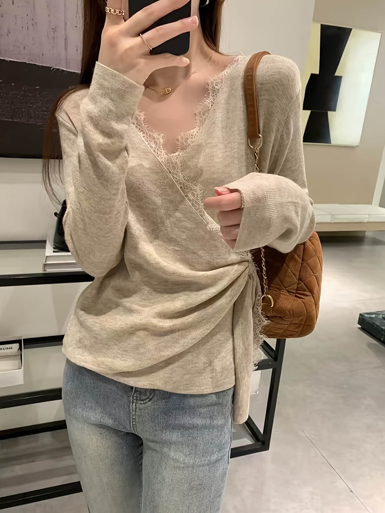 【デザインニット】Vネック レース ニット レディース カシュクール クロス トップス 長袖 セーター アシンメトリー カットソー インナー 無地 きれいめ 大人可愛い 華奢見え 着痩せ オフィス 通勤 OL 20代 30代 40代 50代 ママコーデ 参観日 デート 女子会 伸縮性 春