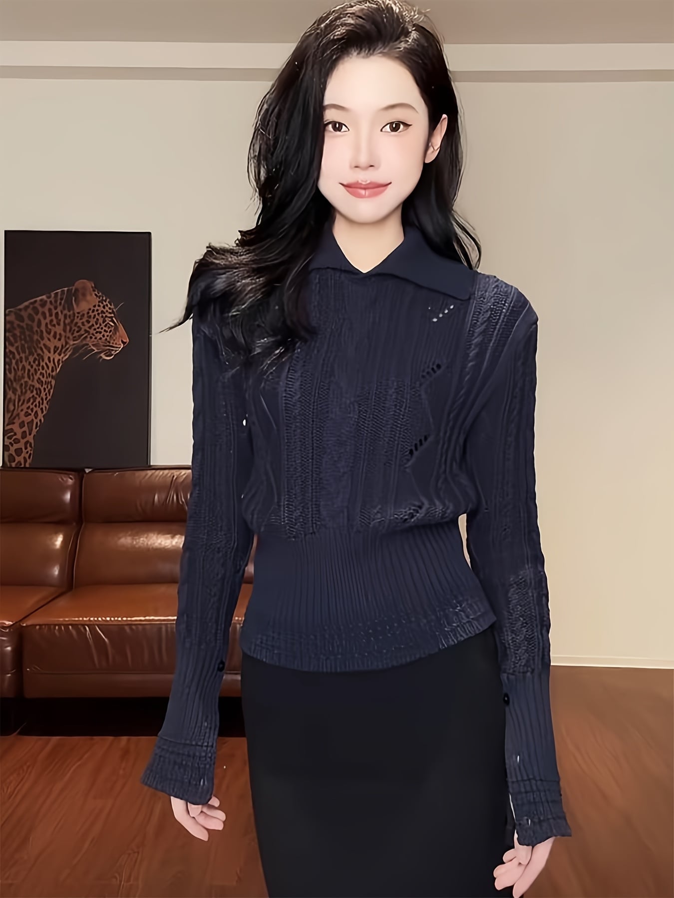 【襟付きニット】 セーター レディース トップス 長袖 ポロ襟 プルオーバー ジャガード編み リブ 透かし編み 体型カバー 着痩せ 細見え 痩せ見え くびれ ウエストマーク ぽっこりお腹 隠し オフィス 通勤 OL ママコーデ 大人可愛い きれいめ カジュアル 秋 冬 秋冬