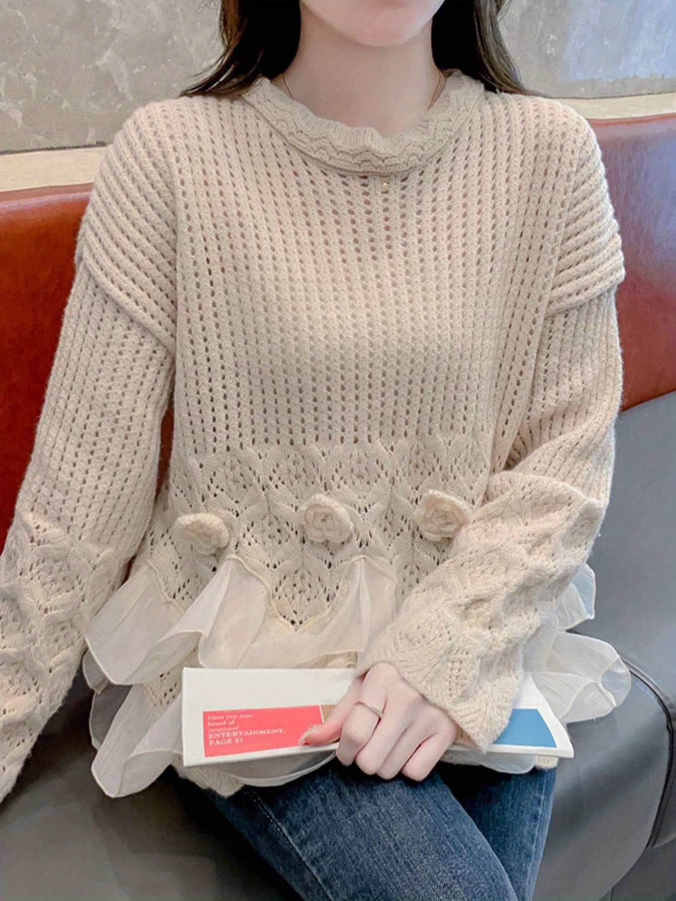 【立体フラワー】 ニット セーター レディース トップス プルオーバー 長袖 裾フリル チュール 切り替え レイヤード風 透かし編み メッシュニット クルーネック ざっくり ゆったり 体型カバー 二の腕カバー 華奢見え 大人可愛い フェミニン エレガント きれいめ