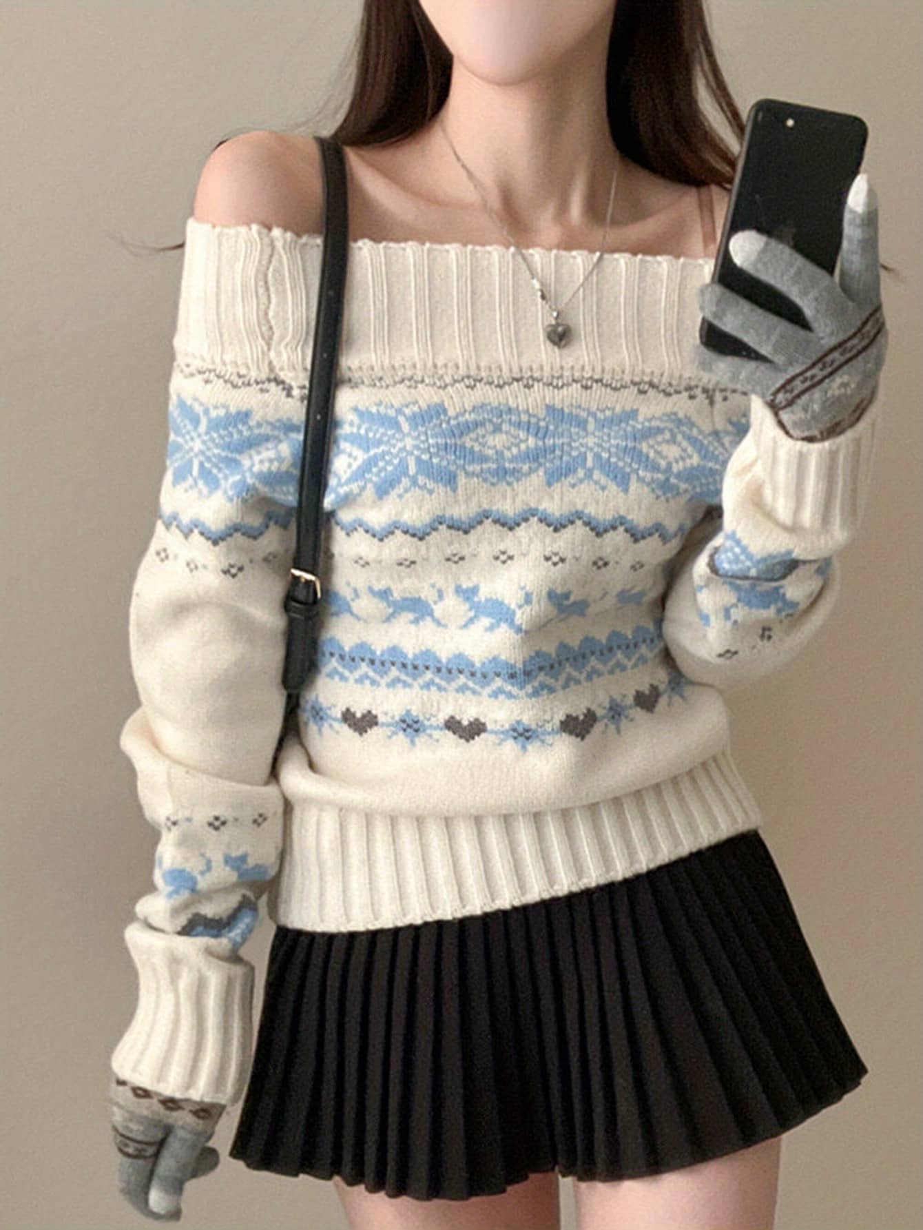 オフショルダー ニット セーター レディース トップス 肩出し ジャガード ノルディック柄 雪 結晶 ニットソー 大人可愛い きれいめ 露出 レトロ 韓国 秋冬 長袖 暖かい プルオーバー 体型カバー 着痩せ 細見え 華奢見え フェミニン ガーリー デート服 女子会|Yokos