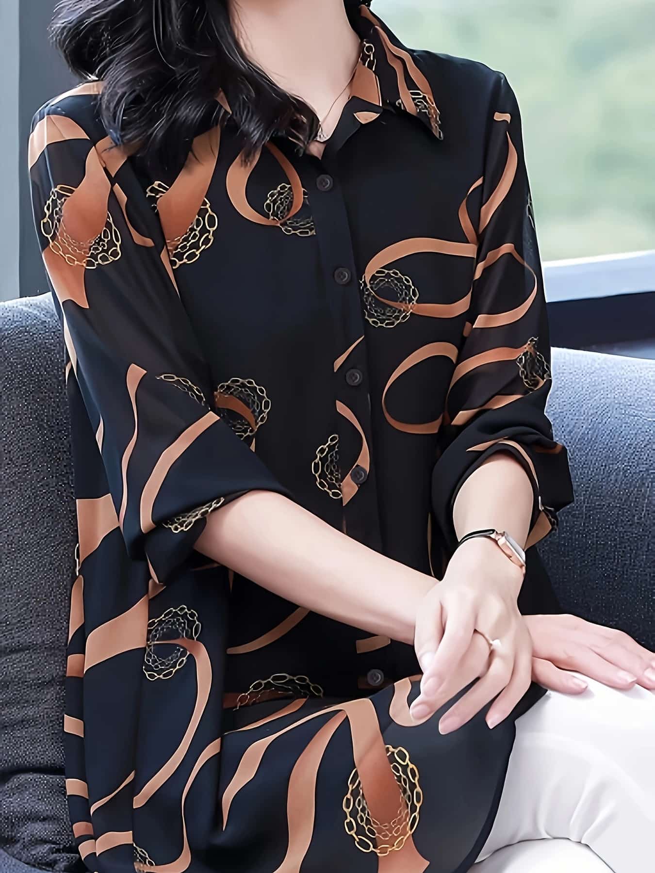 UVカット シャツ ブラウス レディース 長袖 ロングシャツ チェーン柄 襟付き チュニック トップス 羽織り ライトアウター 紫外線対策 日焼け防止 冷房対策 透け感 シアーシャツ プリント 総柄 レトロ 体型カバー 着痩せ お尻隠れる 落ち感 シワになりにくい 涼しい