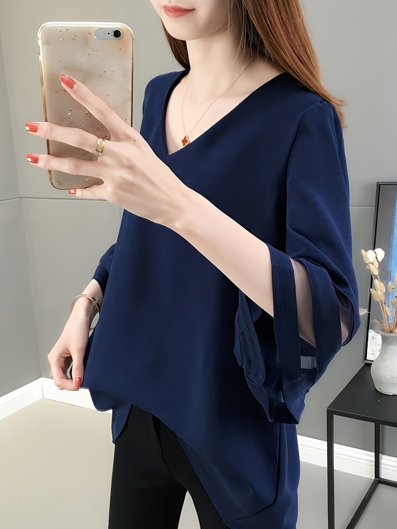 【大人可愛い】ブラウス レディース 夏 ベルスリーブ Vネック シフォン トップス チュニック 異素材 切り替え シアー 透け感 七分袖 五分袖 体型カバー 二の腕カバー 着痩せ 細見え ゆったり 事務服 オフィス 通勤 OL カジュアル フォーマル 春夏 秋 30代 40代 50代