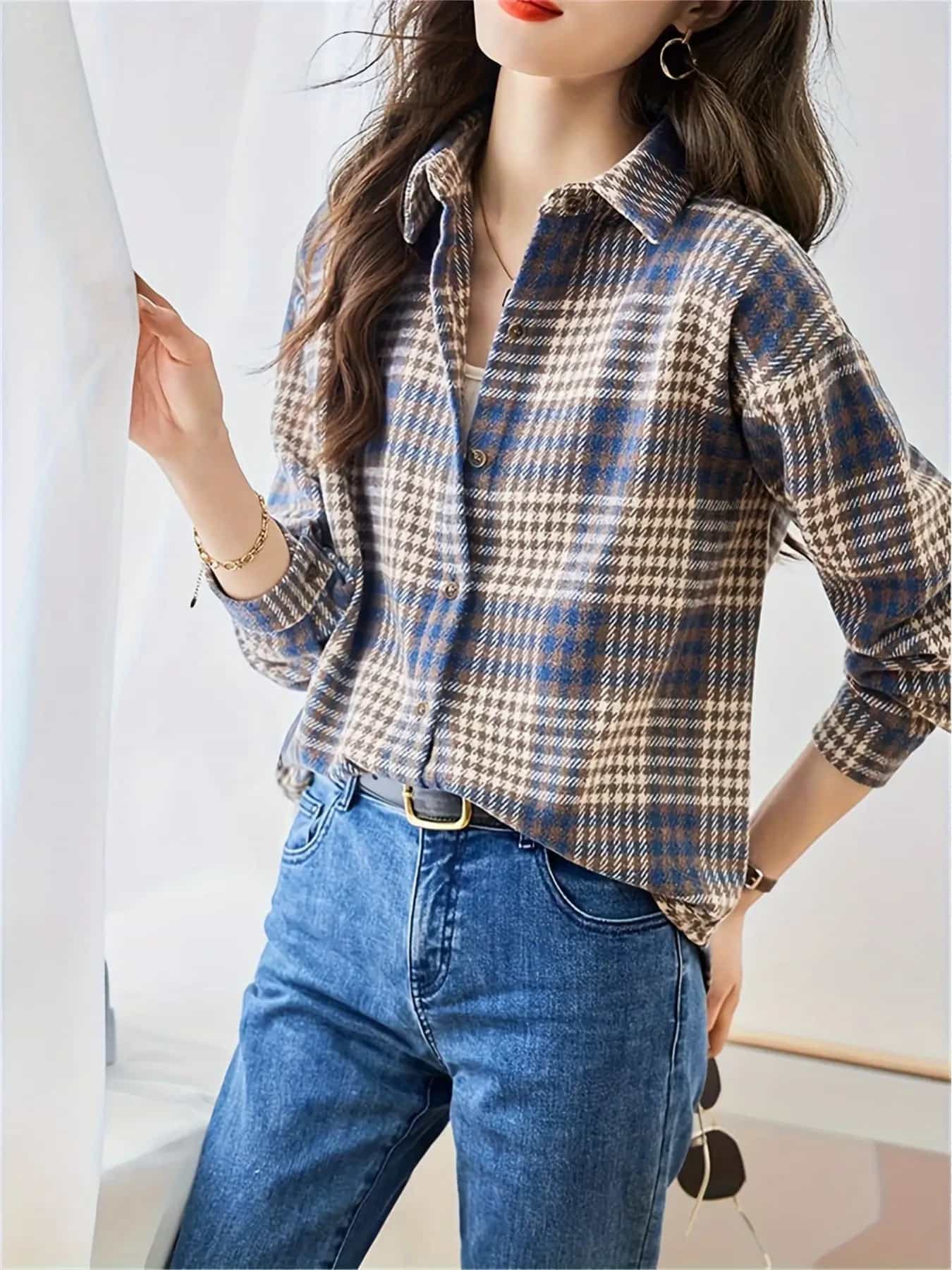 【レトロ配色】チェックシャツ レディース 長袖 ブラウス ネルシャツ トップス 襟付き 前開き ボタン タータンチェック 格子柄 ビッグシルエット オーバーサイズ ゆったり ドロップショルダー 体型カバー 二の腕カバー 着痩せ 細見え 柔らかい カジュアル きれいめ｜Yokos