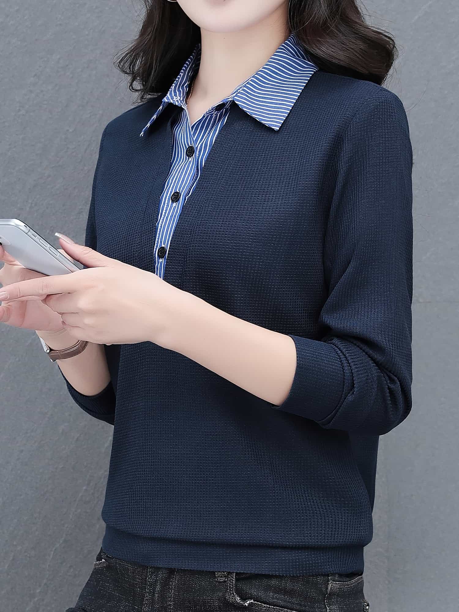 【レイヤード風】ブラウス レディース 長袖 ストライプ 襟付き 重ね着風 シャツ トップス カットソー 鹿の子 きれいめ カジュアル オフィス 通勤 OL 仕事服 30代 40代 50代 大人可愛い 体型カバー 着痩せ 細見え 洗える ノーアイロン シワ防止 大きいサイズ ゆったり