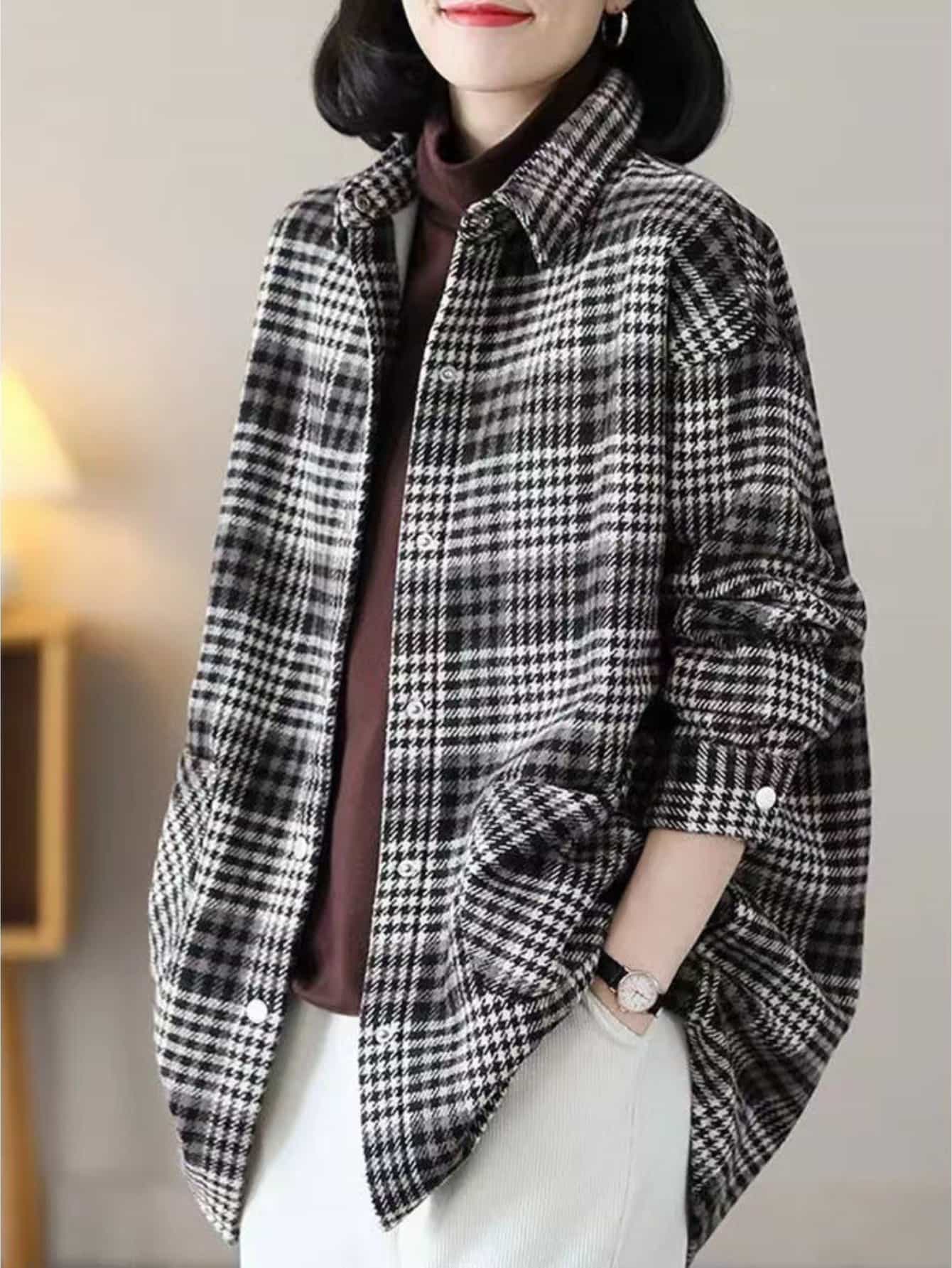 【あったか起毛】 チェックシャツ レディース 長袖 ブラウス ネルシャツ シャツジャケット チェック柄 千鳥格子 トップス 羽織り 襟付き オーバーサイズ ビッグシルエット ゆったり 大きいサイズ 体型カバー 着痩せ 暖か 厚手 カジュアル きれいめ オフィス 通勤 通学|Yokos