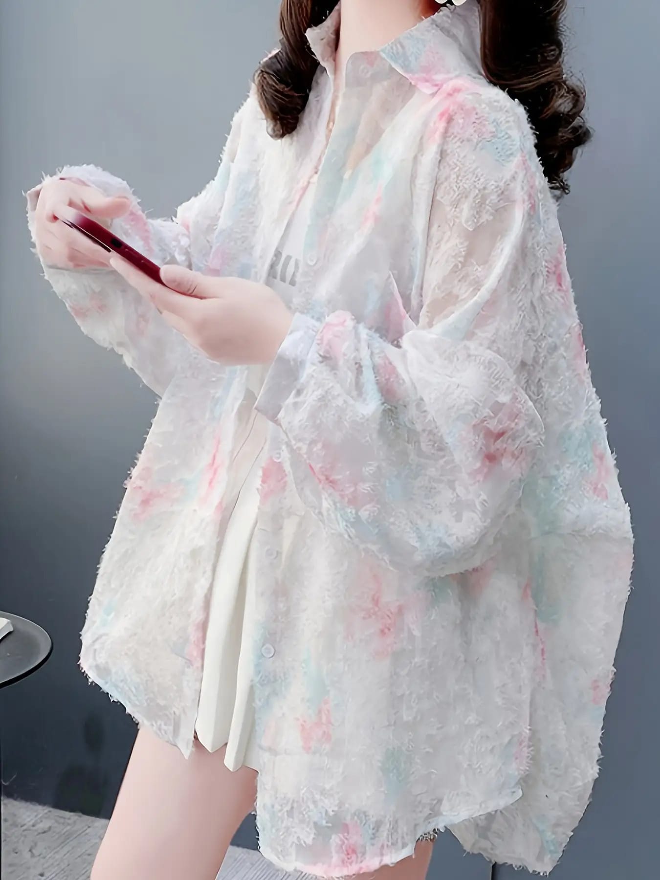 【立体ジャガード】ブラウス シャツ レディース 花柄 シアー シャツカーディガン 羽織り 長袖 襟付き 前開き 透け感 ニュアンスカラー パステル 春 夏 秋 体型カバー 二の腕カバー ゆったり オーバーサイズ 着痩せ 華奢見え ボリューム袖 バルーン袖 きれいめ