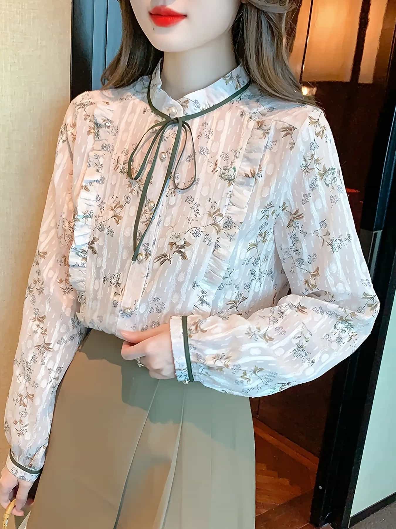 【大人可愛いボウタイ】ブラウス レディース 花柄 長袖 ボウタイブラウス シフォン シャツ トップス フリル スタンドカラー リボン 立ち襟 事務服 オフィス 通勤 OL きれいめ カジュアル フェミニン 体型カバー 二の腕カバー 着痩せ 透け感 シアー素材 華やか 春 夏 秋