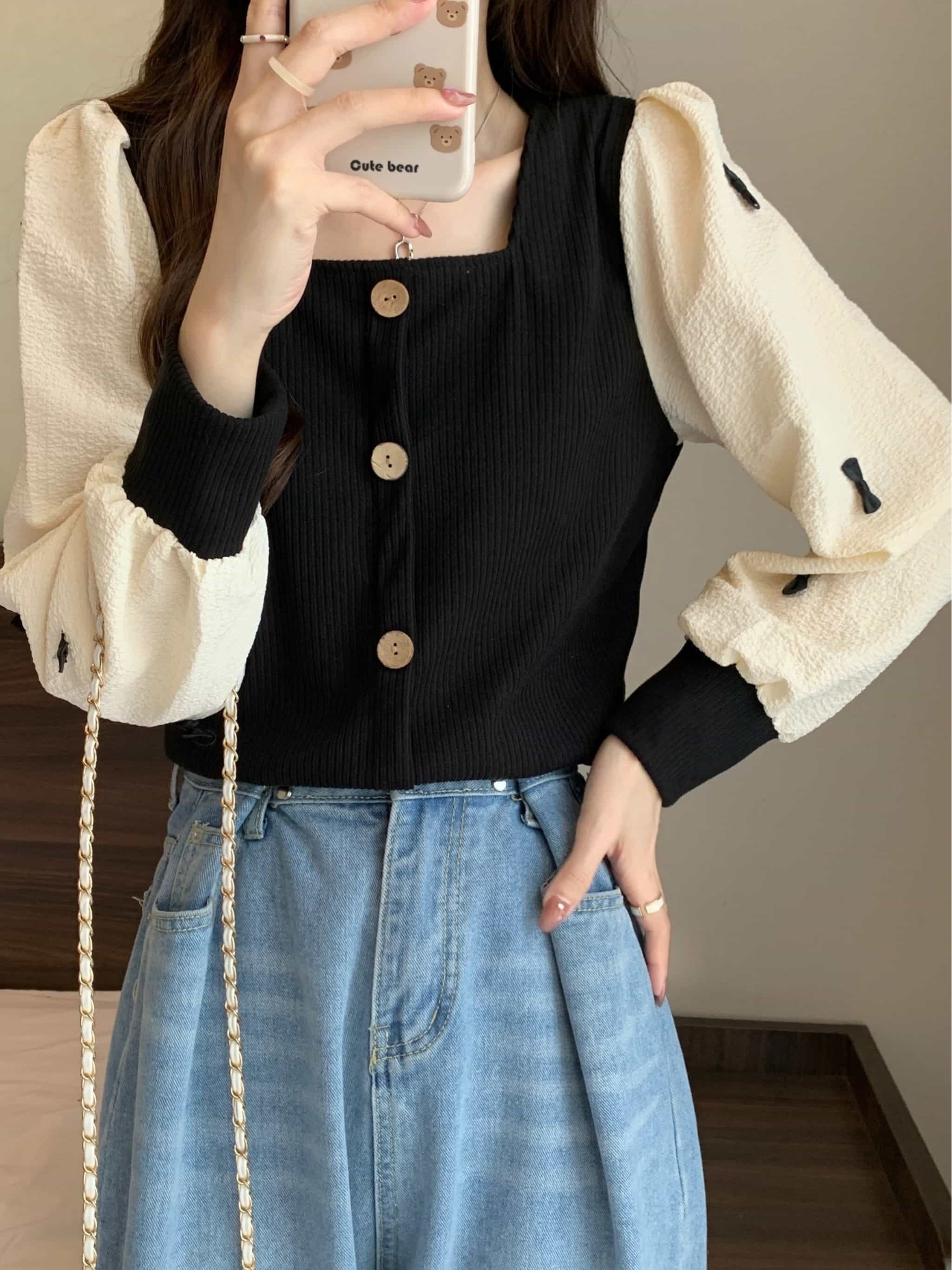 【重ね着風】 スクエアネック ブラウス レディース トップス レイヤード カットソー 異素材 切替 長袖 ニットソー シャツ プルオーバー 重ね着 デコルテ きれいめ 大人可愛い フェミニン バイカラー 配色 切り替え ぽわん袖 ボリューム袖 リボン 飾りボタン ショート丈
