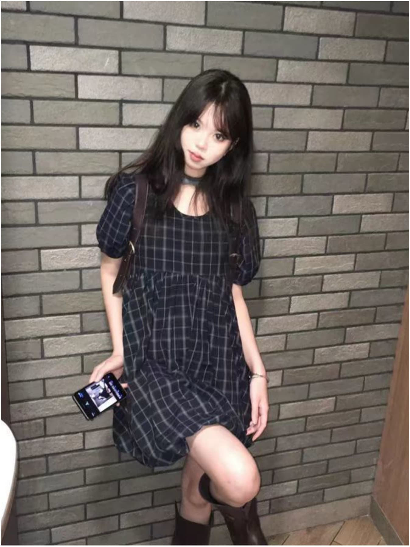 【大人可愛い】チェック柄 ワンピース レディース ミニ丈 バルーンワンピース 半袖 膝丈 ネイビー 紺 ガーリー ワンピ チュニック Ａライン ゆるシルエット ゆったり 体型カバー 着痩せ 二の腕カバー ボリューム袖 ぽわん袖 丸襟 クルーネック レトロ カジュアル 春 夏