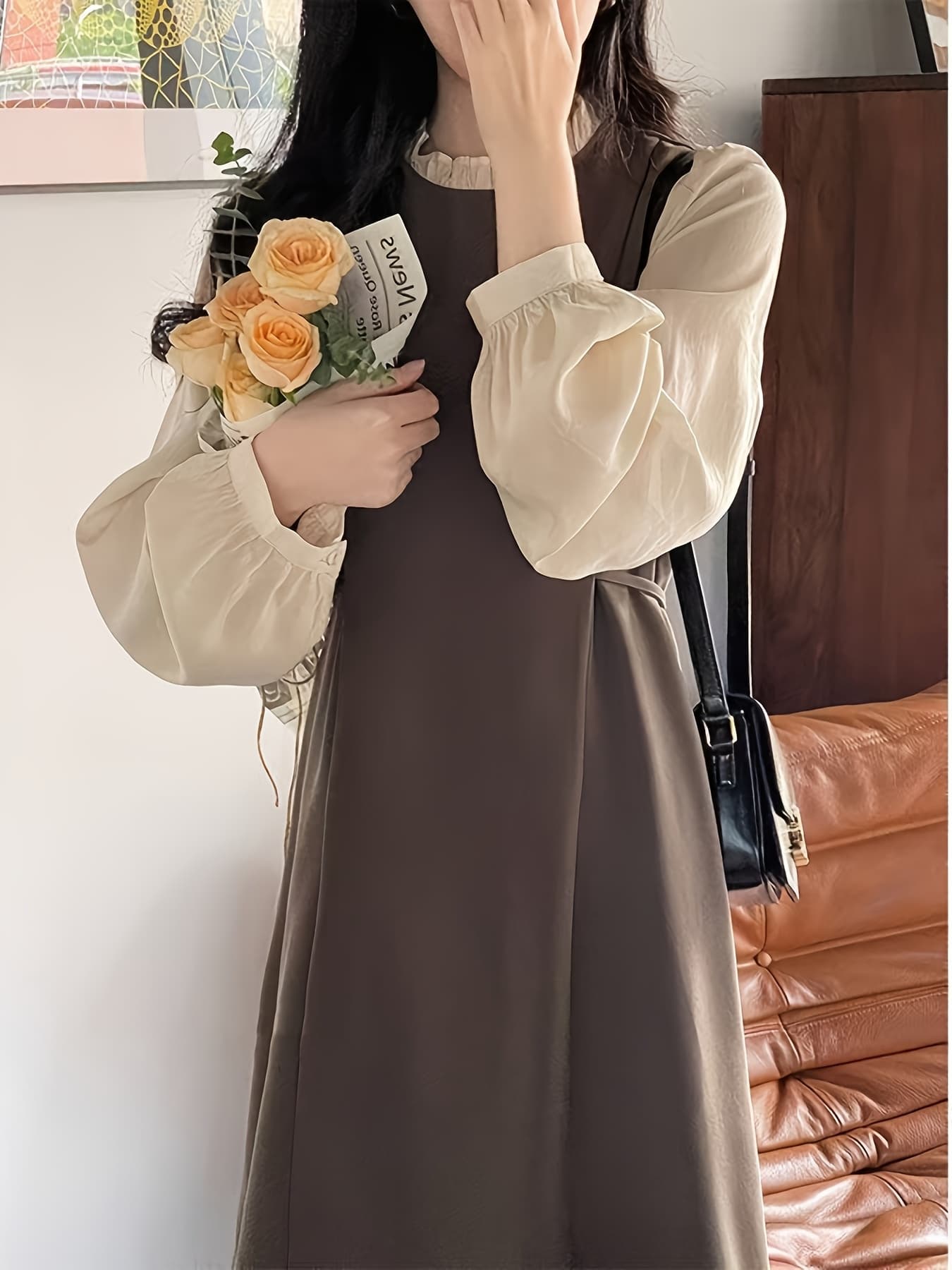 【レイヤード風】 ワンピース レディース ロングワンピース 長袖 切替 ドッキング マキシ丈 ボリューム袖 ランタンスリーブ スタンドカラー フリルネック ウエストマーク Ａライン 体型カバー 着痩せ 二の腕カバー 細見え 脚長効果 秋 冬 清楚 きれいめ 大人可愛い