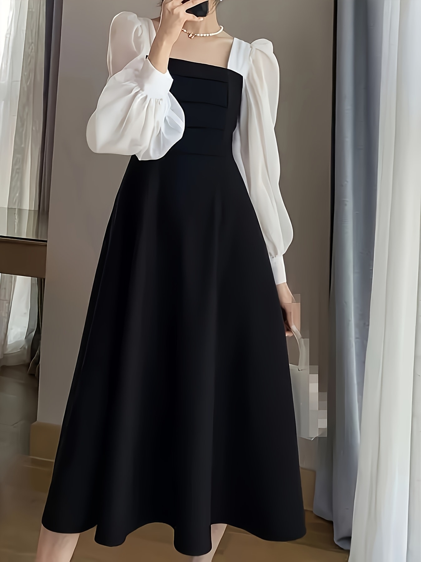 【バイカラー】ロングワンピース レディース スクエアネック ボリューム袖 シフォン 切り替え マキシ丈 Aライン 異素材 ドッキング ドレス 長袖 着痩せ 体型カバー ハイウエスト 二の腕カバー 細見え 黒 ブラック ホワイト きれいめ オフィス 通勤 お呼ばれ 結婚式