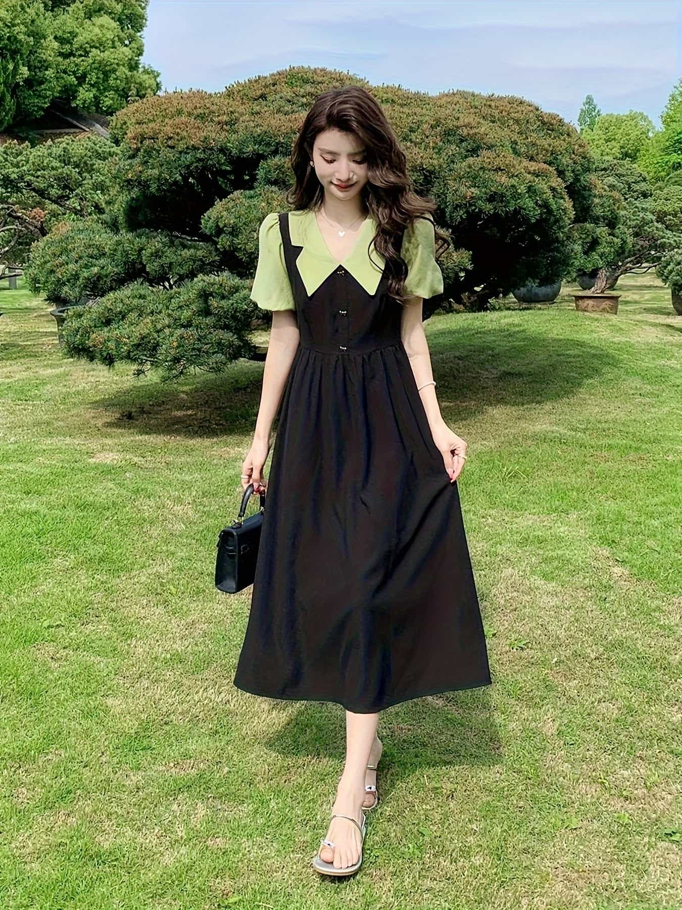 【重ね着風】ワンピース レディース 夏 半袖 ロングワンピース ロング丈 襟付き 切り替え バイカラー 重ね着 ワンピ マキシ丈 Aライン 膝下 ひざ下 五分袖 レトロ クラシック 大人可愛い キレイめ フェミニン 体型カバー 二の腕カバー 着痩せ 細見え 20代 30代 40代