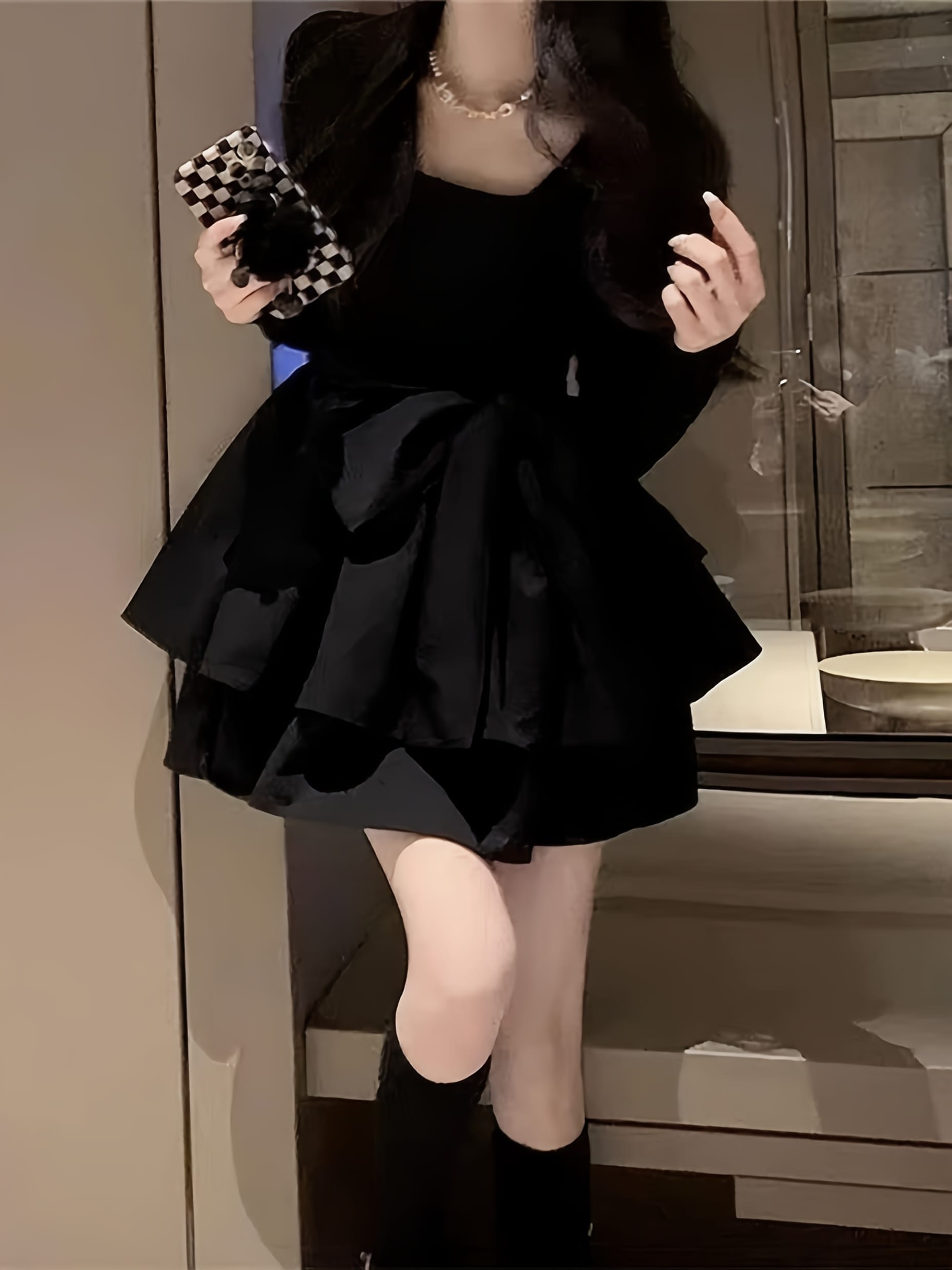 【大人可愛い】 ワンピース レディース ミニ丈 スクエアネック 長袖 Aライン ティアード リボン ボリューム袖 膝上 チュニック ドレス 黒 ブラック 量産型 地雷系 韓国 ファッション お呼ばれ 二次会 結婚式 パーティー 謝恩会 発表会 イベント 体型カバー 着痩せ