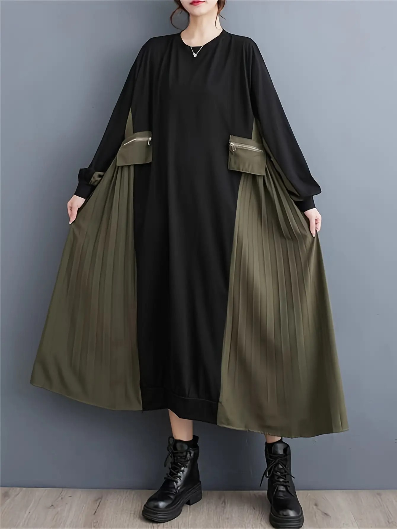 【サイドプリーツ】 ワンピース ロングワンピース レディース 長袖 切替 バイカラー 体型カバー マキシ丈 Aライン 異素材 チュニック ワンピ 大きいサイズ ゆったり クルーネック 丸首 カジュアル 着痩せ 細見え 楽ちん 洗える 大人 モード系 30代 40代 50代 春 秋 冬｜Yokos