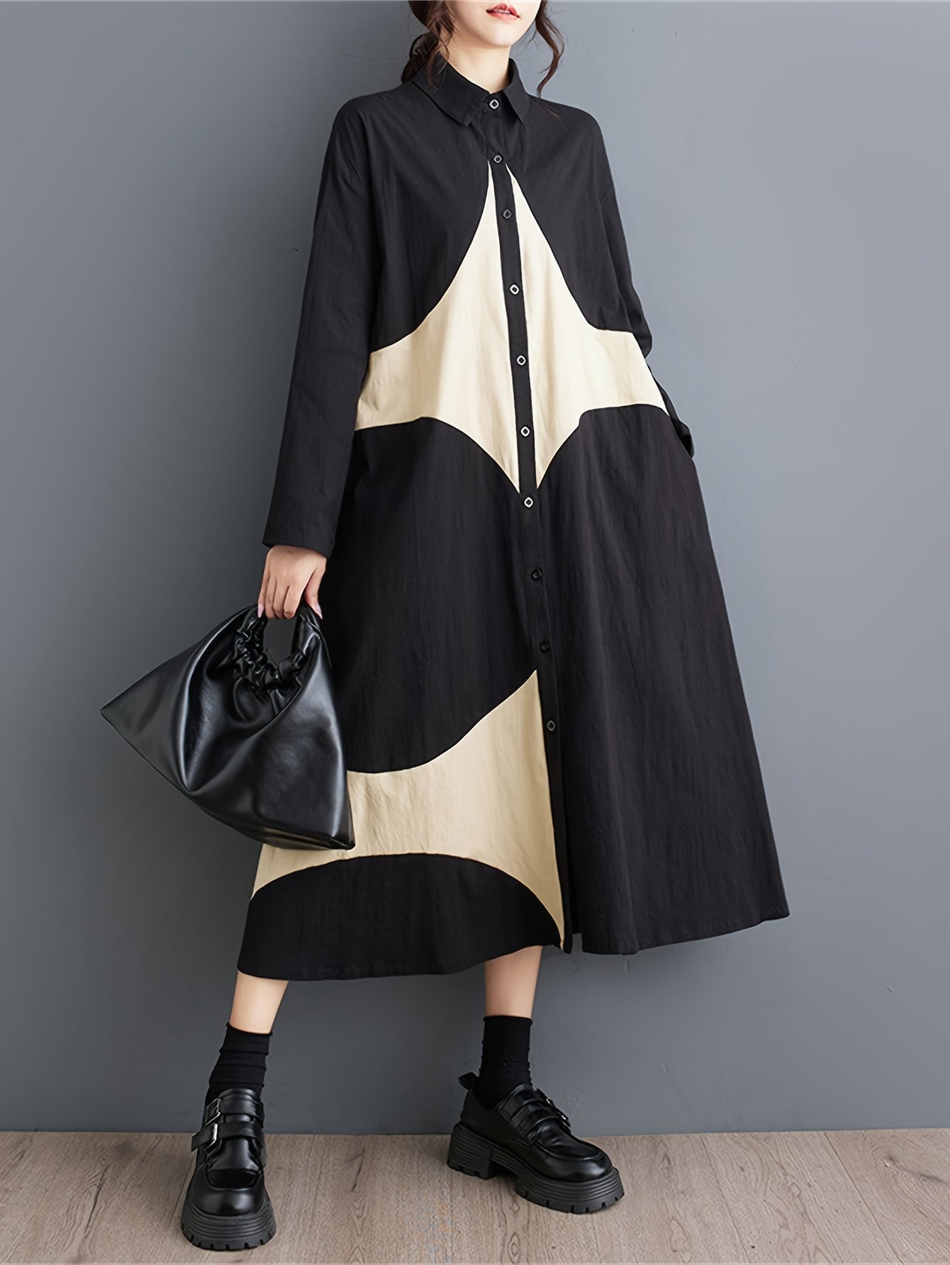 【個性派デザイン】 シャツワンピース ロング ワンピース レディース 春 秋 冬 切り替え バイカラー 配色 幾何学 襟付き 前開き 長袖 羽織り 大きいサイズ ゆったり 体型カバー ビッグシルエット オーバーサイズ Ａライン 膝下 マキシ丈 モード カジュアル ナチュラル