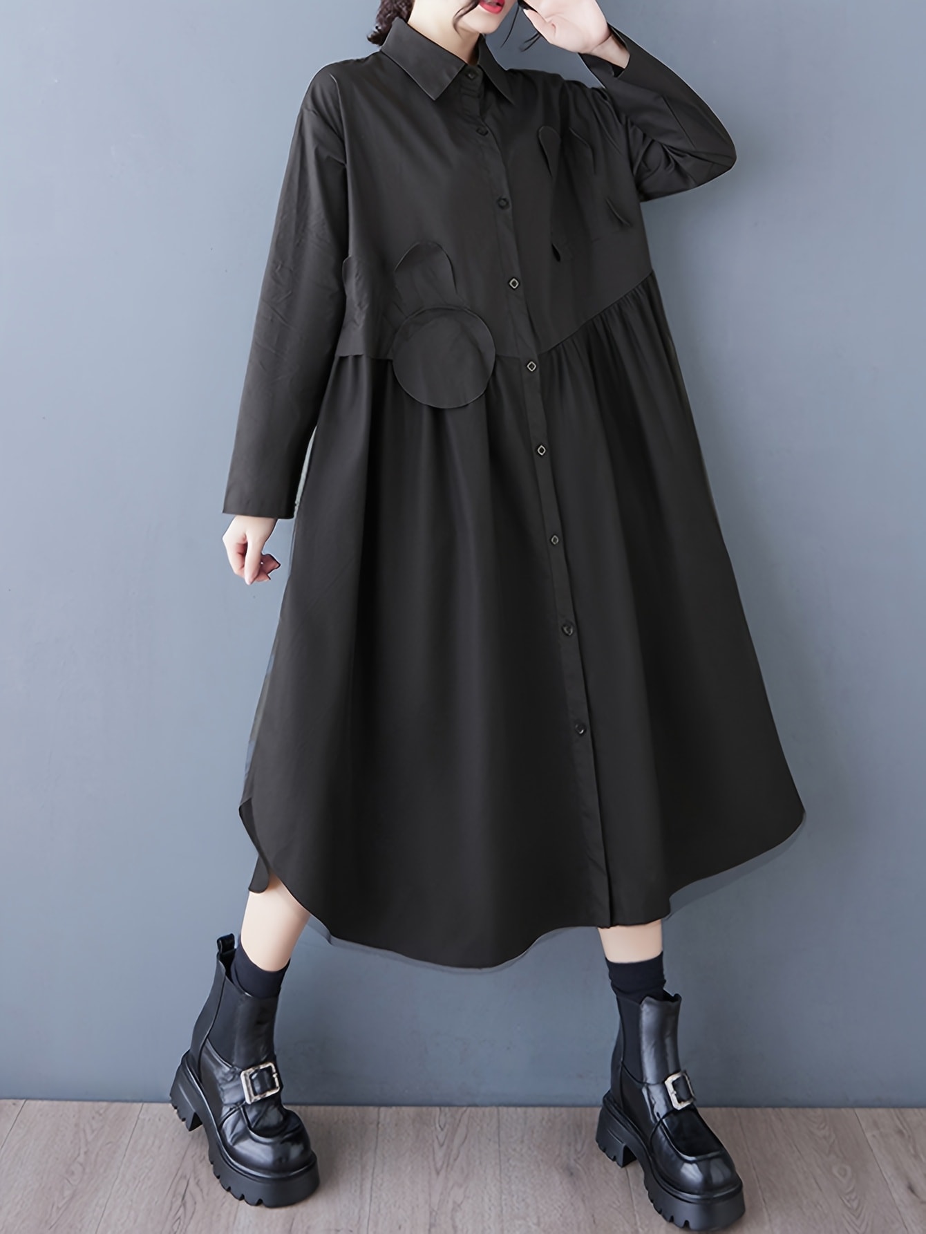 シャツワンピース 長袖 ロングワンピース 襟付き チュニック 変形 アシンメトリー 前開き ボタン 羽織り ゆったり 大きいサイズ 体型カバー 着痩せ 細見え モード系 大人可愛い きれいめ カジュアル メッシュ サークル ギャザー レイヤード 30代 40代 50代 春 夏 秋 冬|Yokos