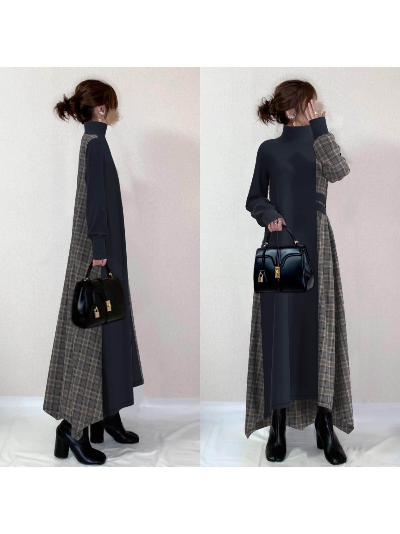 【ドッキング】ワンピース レディース ロング マキシ丈 ハイネック タートルネック 長袖 切り替え チェック柄 異素材 切替 Aライン ゆったり 体型カバー 二の腕カバー 着痩せ 細見え 落ち感 大人可愛い きれいめ カジュアル オフィス 通勤 OL お出かけ 女子会 11,227円