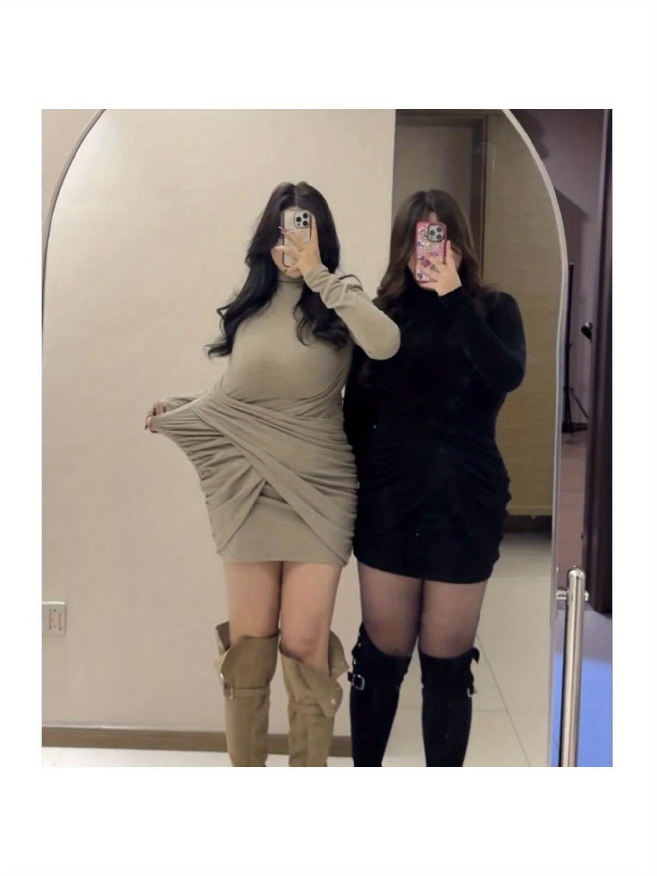 【大きいサイズ】 タイトワンピース ミニ丈 長袖 ハイネック ワンピース ギャザー ドレープ セクシー 着痩せ レディース ミニワンピ チュニック ストレッチ 伸縮性 ぽっちゃり プラスサイズ きれいめ 大人可愛い 韓国 パーティー キャバドレス 二次会 デート 春 秋 冬