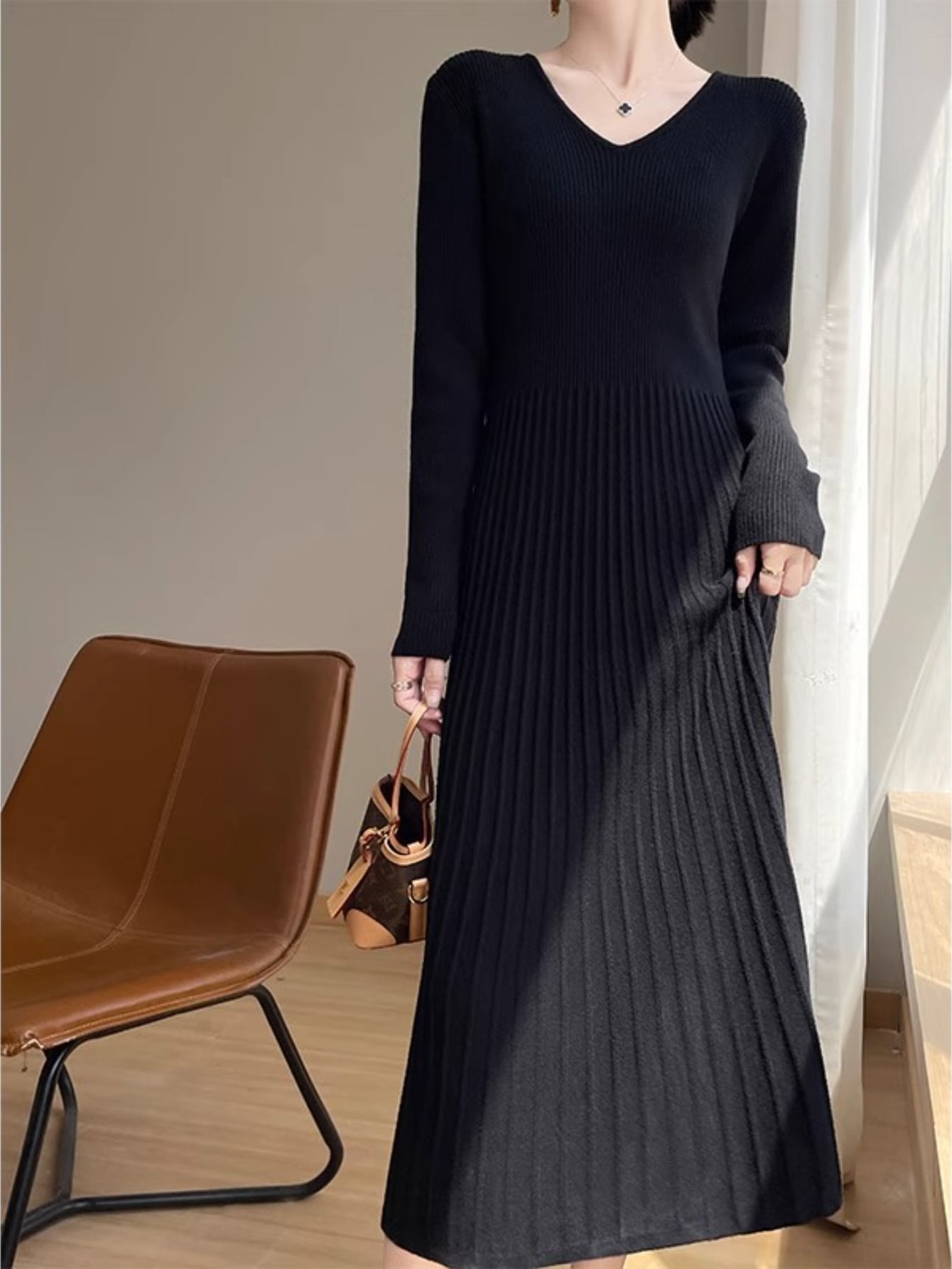 【Vネック】 ニットワンピース ロング レディース 長袖 リブニット Aライン きれいめ ワンピース ロングワンピース ニットワンピ マキシ丈 ウエストマーク 体型カバー 着痩せ 細見え ゆったり 伸縮性 ストレッチ 暖かい 防寒 オフィス 通勤 OL お出かけ デート