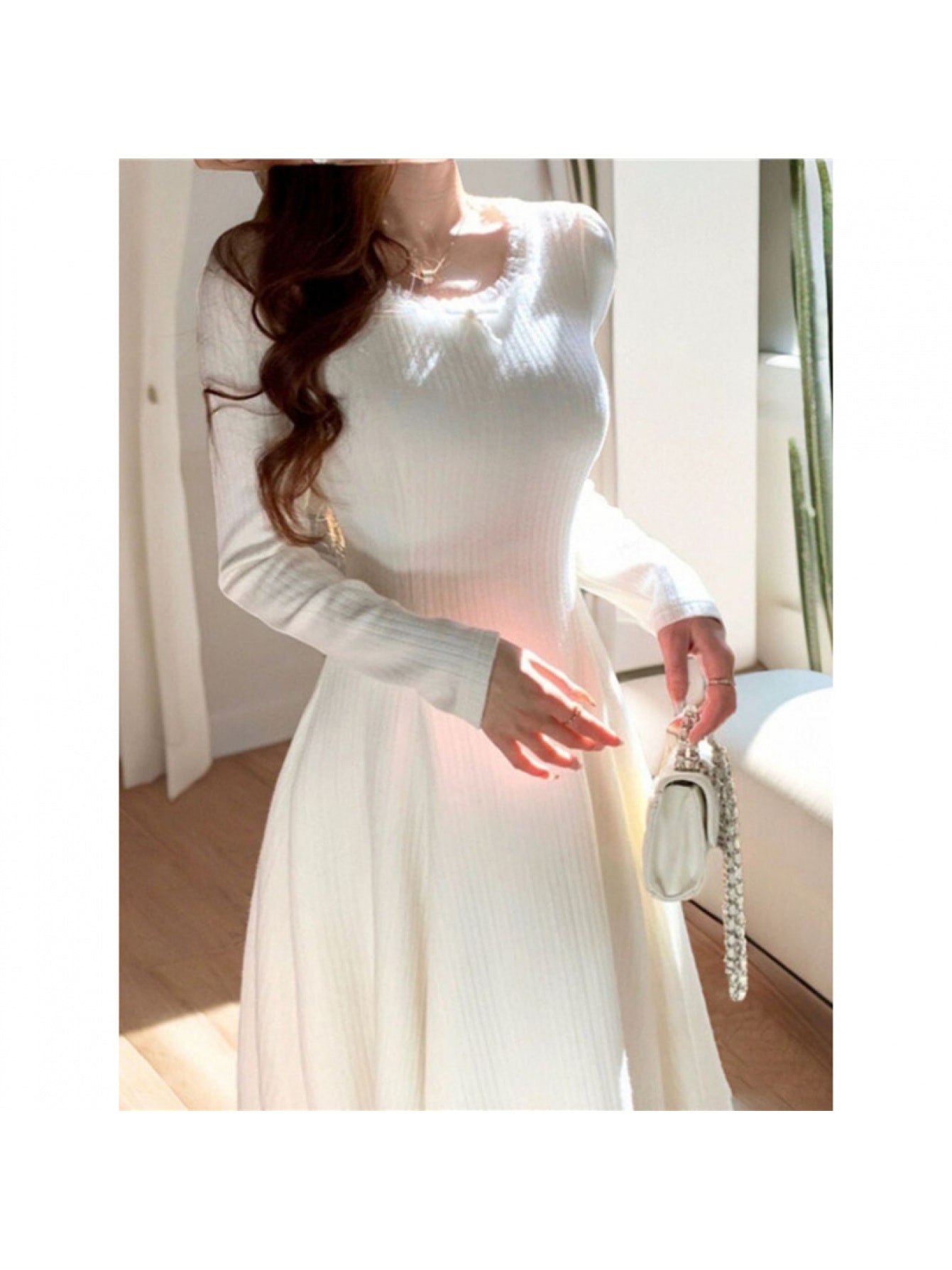 【美シルエット】ニットワンピース レディース ロング 長袖 リブニット ワンピース Aライン ミモレ丈 ロングワンピース 体型カバー 着痩せ 細見え 大人可愛い フェミニン エレガント オフィス 通勤 OL デート お呼ばれ 白 ホワイト 秋 冬 春 20代 30代 40代 50代|Yokos