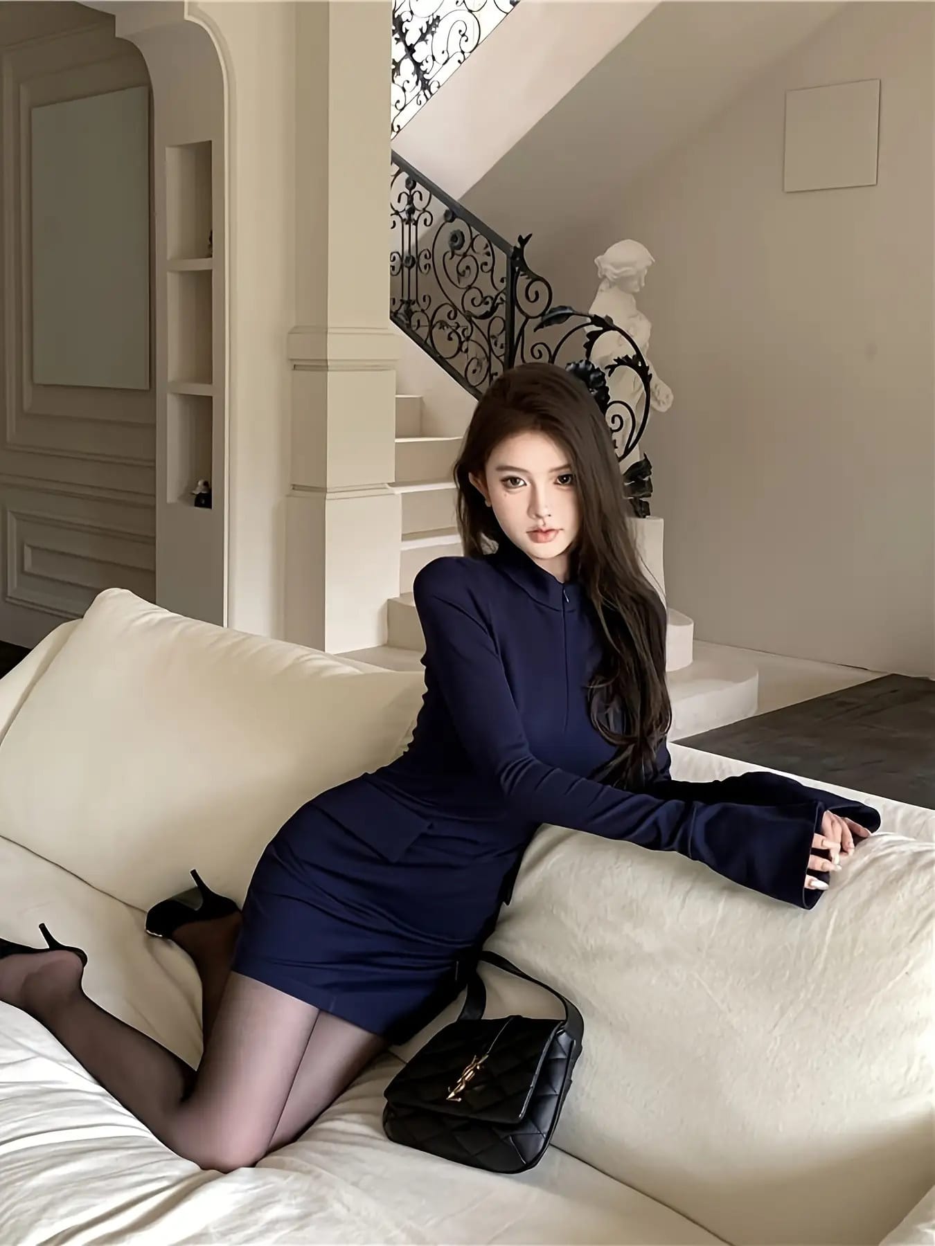 【美シルエット】タイトワンピース ミニ丈 長袖 ハーフハイネック ボディコン ワンピース レディース セクシー きれいめ 秋 冬 ミニワンピース タイト ワンピ 膝上 ショート丈 スリム フィット 着痩せ 細見え ウエストマーク ストレッチ 伸縮性 ネイビー 紺色 大人