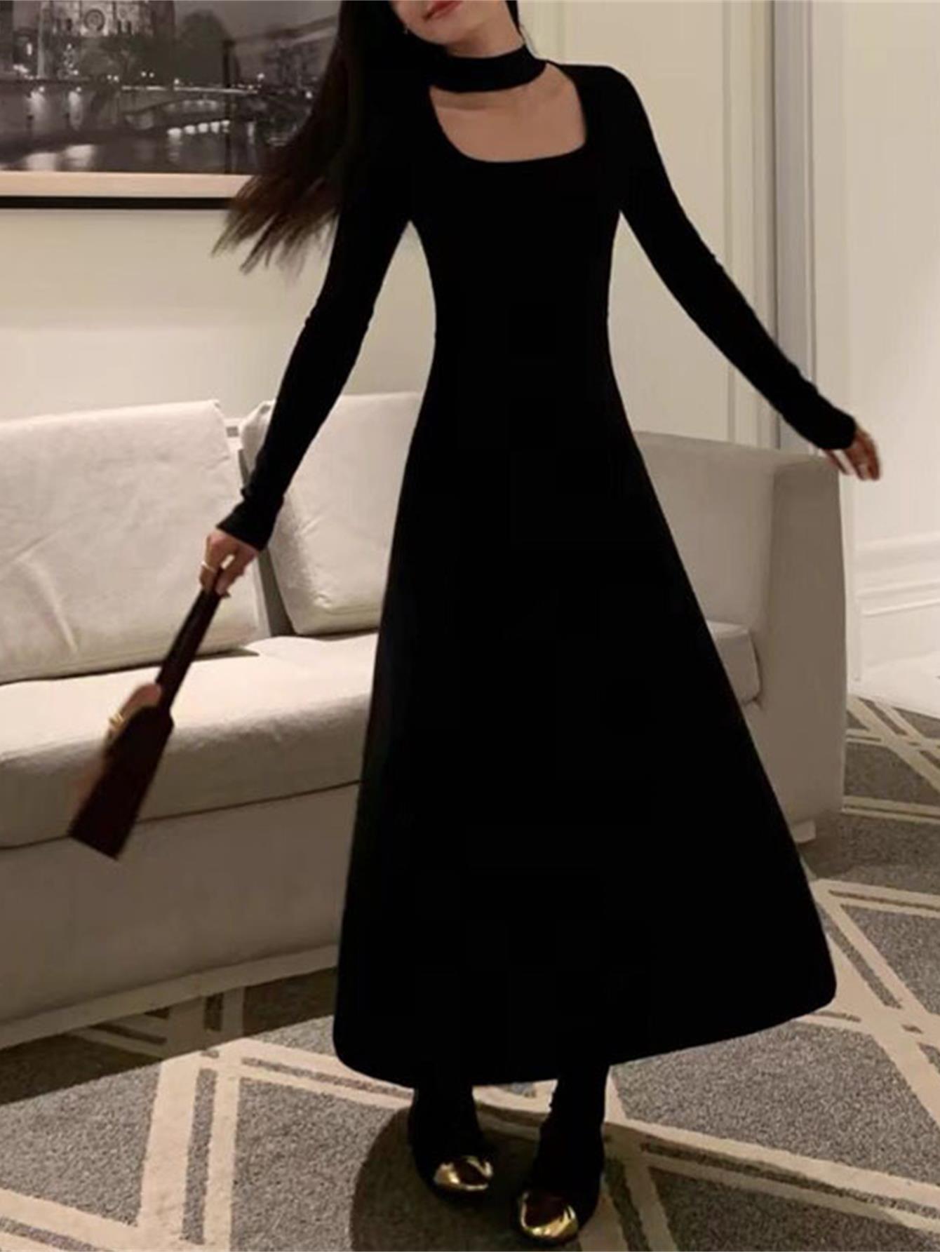 【チョーカー風】 ニットワンピース レディース ロングワンピース 長袖 タイト Aライン 美シルエット マキシ丈 ミモレ丈 スクエアネック デコルテ開き 胸元 セクシー 大人可愛い きれいめ 無地 着痩せ 細見え 体型カバー 春 秋 冬 オフィス 通勤 OL デート パーティー