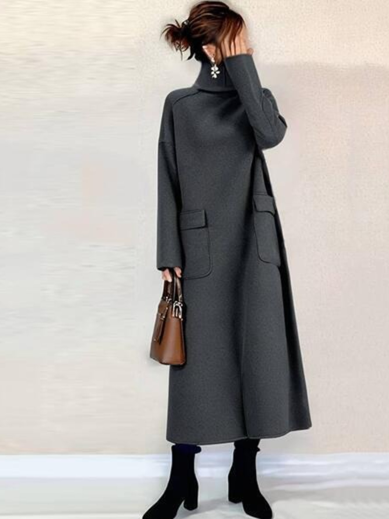 【1枚で決まる】ロングワンピース レディース ハイネック タートルネック Aライン 長袖 ポケット付き マキシワンピース ロング丈 膝下 ゆったり 体型カバー 着痩せ 細見え 大人可愛い きれいめ カジュアル オフィス 通勤 20代 30代 40代 50代 秋冬 秋 冬服 洗える