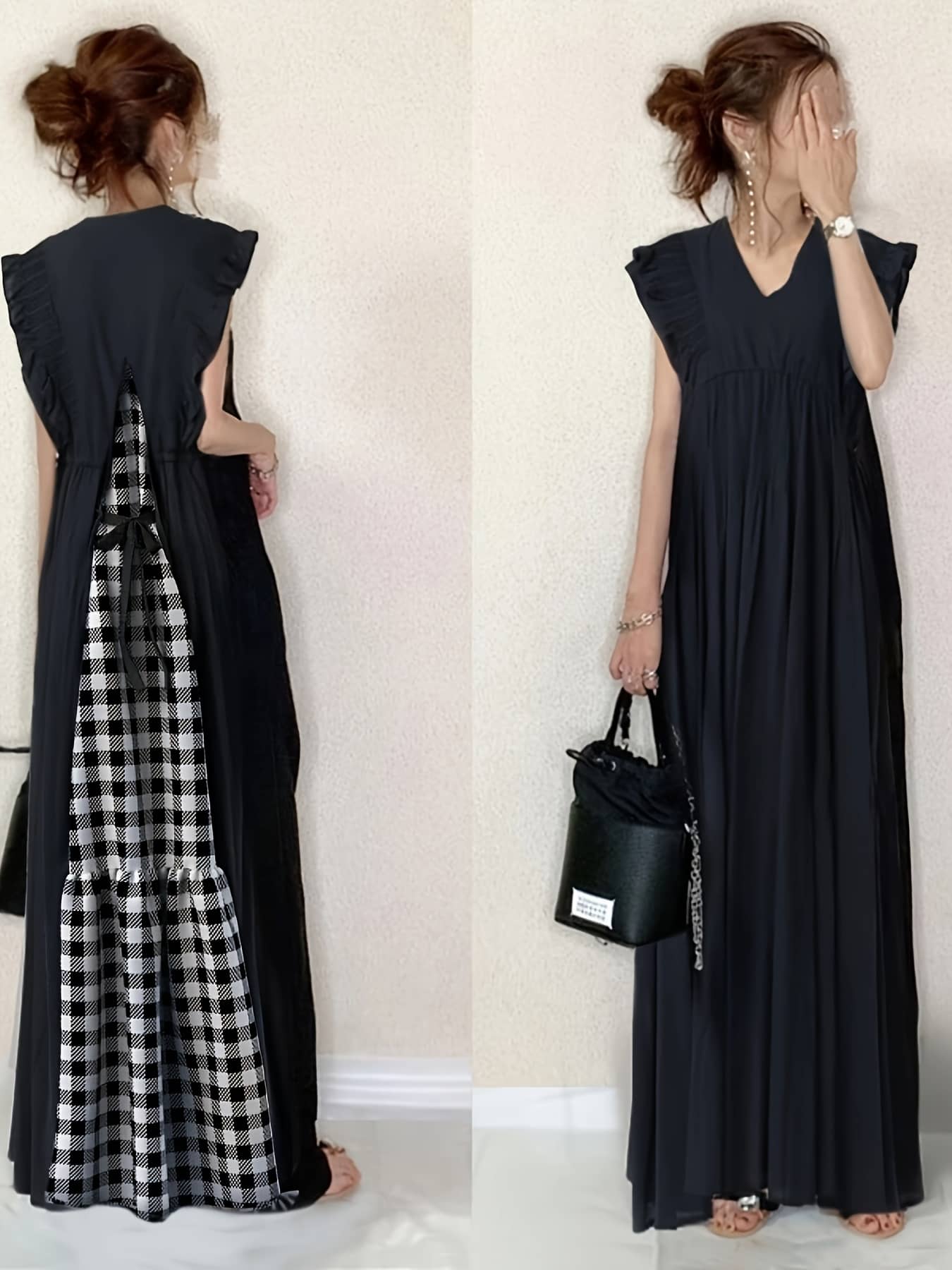 【バックシャン】 ワンピース レディース ロング マキシ丈 ギンガムチェック 切替 Vネック ノースリーブ フリル 袖なし 背中あき リボン ワンピ マキシワンピ ロングワンピ Aライン 体型カバー 着痩せ 細見え ゆったり 大きいサイズ 涼しい 夏 春 春夏 30代 40代 50代