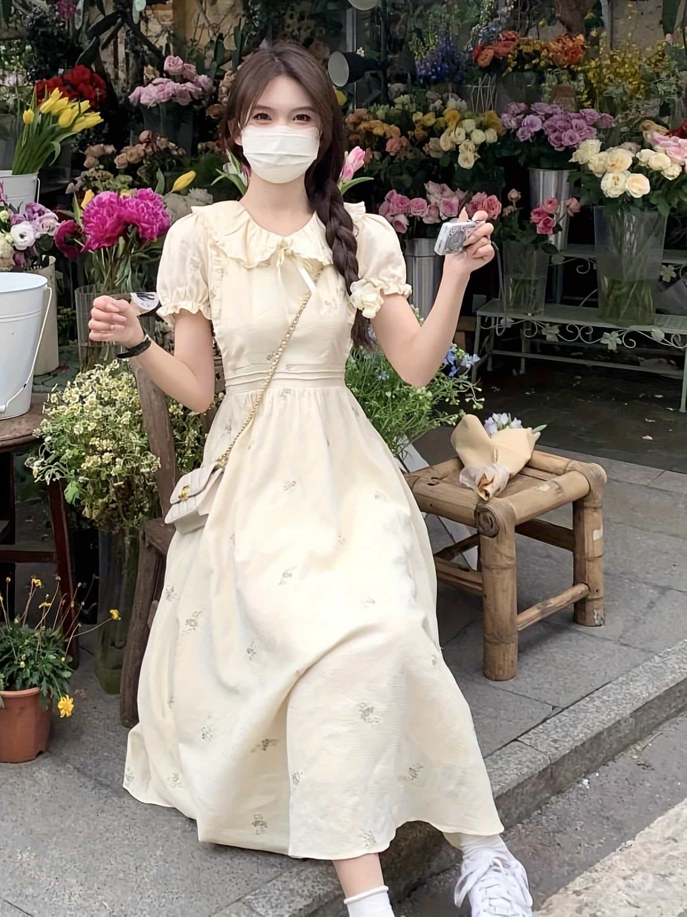【小花柄】ワンピース レディース 夏 半袖 ロングワンピース 花柄 襟付き フリル襟 ウエストマーク Ａライン 膝下 ミモレ丈 総柄 レトロ 森ガール ナチュラル フェミニン ガーリー 大人可愛い きれいめ 体型カバー 着痩せ 細見え 二の腕カバー ボリューム袖 ぽわん袖 6,952円