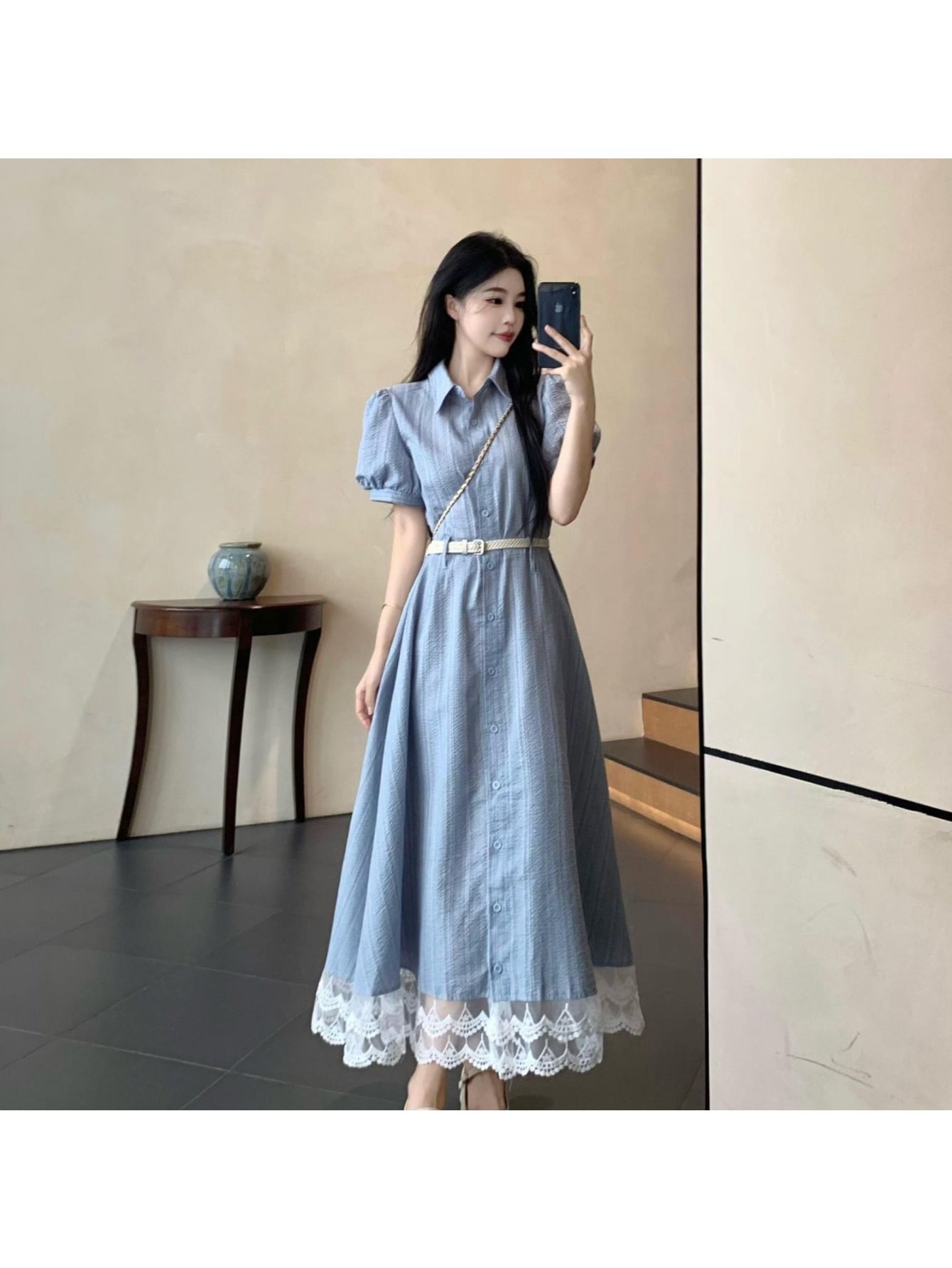 【裾レースが大人可愛い】 シャツワンピース ロング ワンピース レディース 半袖 襟付き ロング丈 Aライン 裾切り替え レース 膝下 ミモレ丈 ベルト付 ウエストマーク 春 夏 体型カバー 着痩せ 細見え きれいめ カジュアル フェミニン フレンチ ブルー 水色 青 通勤|Yokos