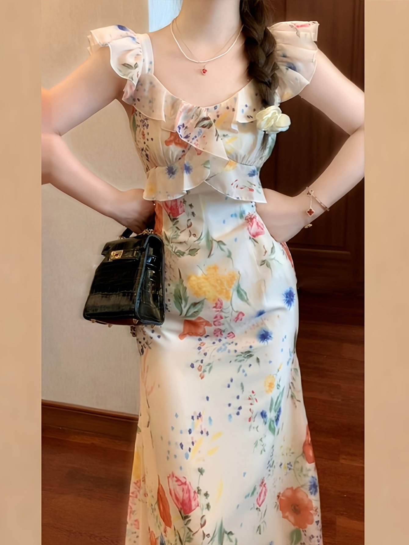 【花柄フリル】ワンピース レディース 花柄ワンピ タイトワンピース ロング ミモレ丈 ノースリーブ フリル袖 襟フリル Ｖネック ウエストマーク Ｉライン パール風 体型カバー 着痩せ 細見え 洗える シワ防止 涼しい 大人可愛い キレイめ フェミニン オフィス 通勤