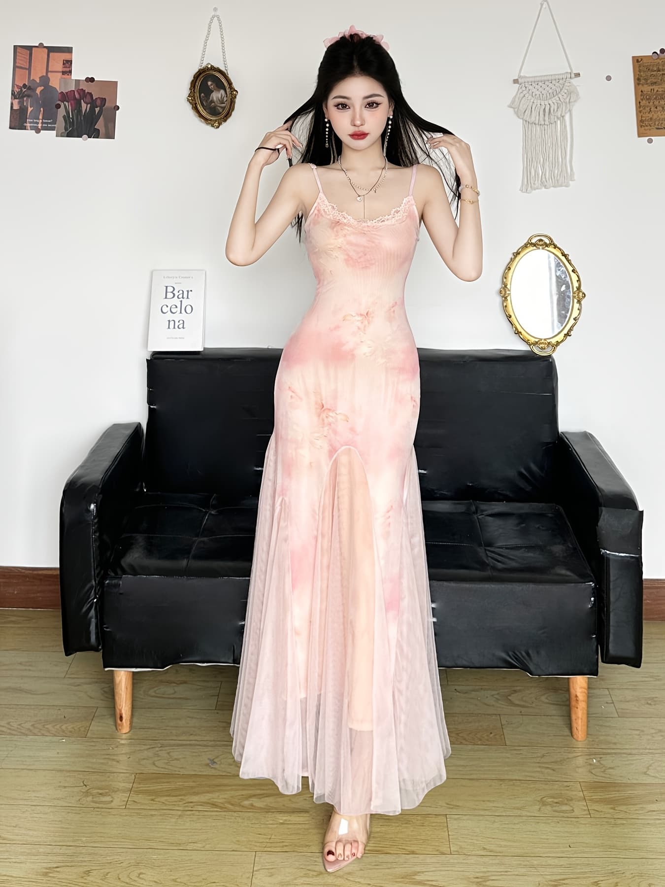 【純欲リゾート】キャミソールワンピース レディース ロング マキシ丈 花柄 チュール メッシュ レース シアー 透け感 タイト スリム マーメイドライン スリット セクシー 大人可愛い フェミニン ガーリー 着痩せ 細見え 体型カバー 春夏 旅行 海 ビーチ