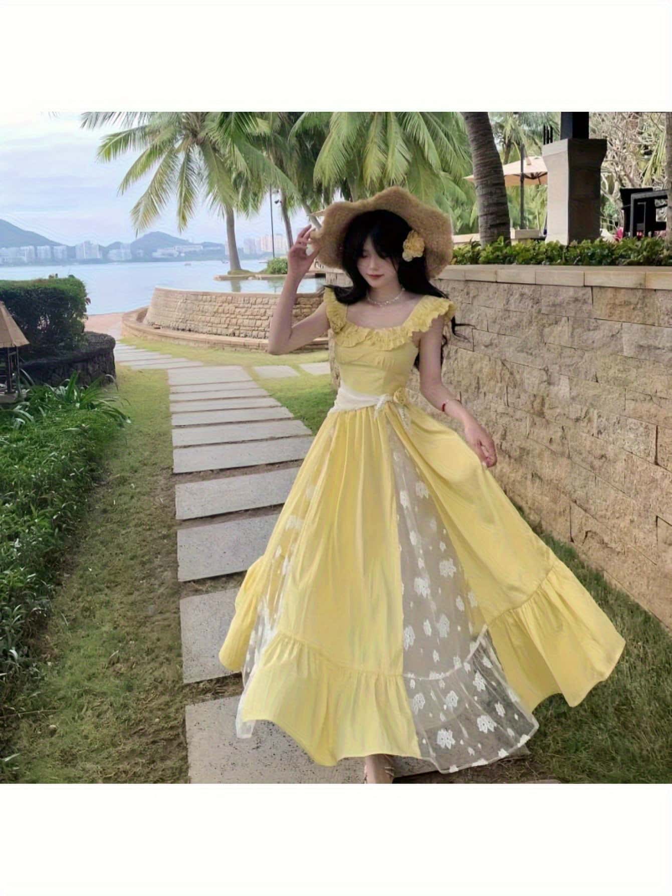 ワンピース ロングワンピース レディース レース 切り替え ノースリーブ フリル袖 スクエアネック マキシ丈 マキシワンピース Aライン フレア チュール 刺繍 花柄 ウエストマーク 華奢見え 体型カバー 着痩せ 細見え 脚長効果 イエロー 黄色 フレンチ レトロ ガーリー