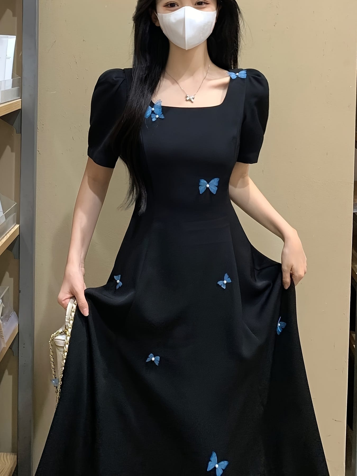 【立体蝶々】ワンピース レディース ロングワンピース ミモレ丈 スクエアネック Aライン ボリューム袖 5分袖 半袖 大きいサイズ ゆったり 体型カバー 着痩せ 細見え 二の腕カバー 大人可愛い きれいめ フェミニン レトロ モード 黒 ブラック 春 夏 秋 通勤 オフィス|Yokos