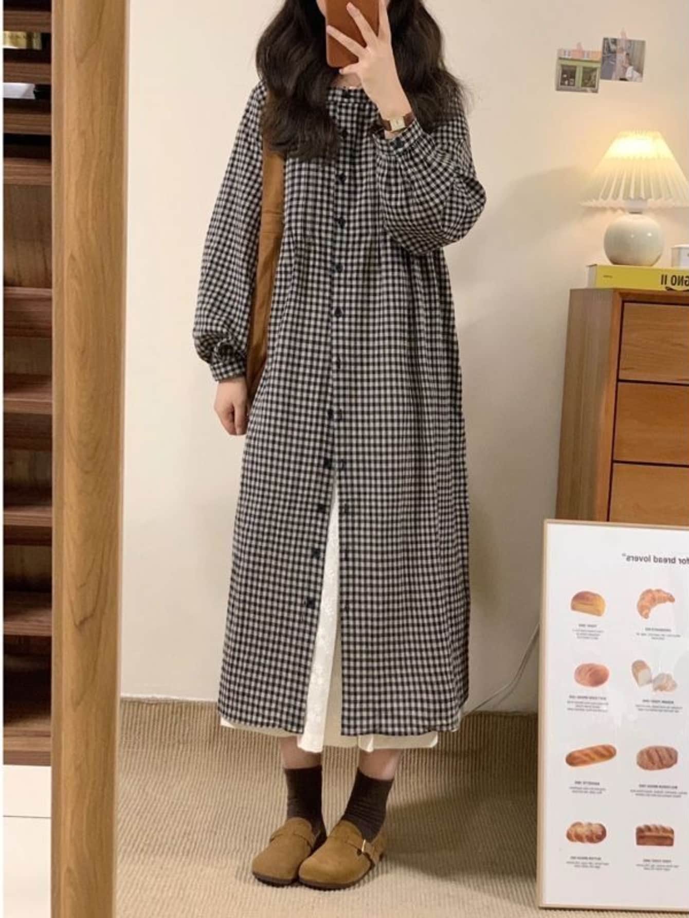 【2way羽織り】 シャツワンピース チェック柄 ロングワンピース レディース ギンガムチェック マキシ丈 長袖 前開き ボタン ワンピース 大きいサイズ ゆったり 体型カバー 着痩せ 二の腕カバー レトロ ナチュラル コットン リネンタッチ 麻調 秋 冬 春 大人可愛い