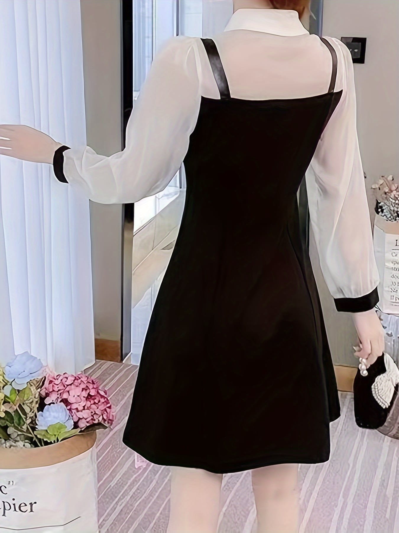 【レイヤード風】 ワンピース レディース ドッキングワンピース 切り替え バイカラー 重ね着風 長袖 膝丈 襟付き Aライン きれいめ 大人可愛い エレガント フェミニン 透け感 体型カバー 着痩せ 二の腕カバー 細見え 事務服 オフィス 通勤 OL お呼ばれ 結婚式 二次会 6,164円