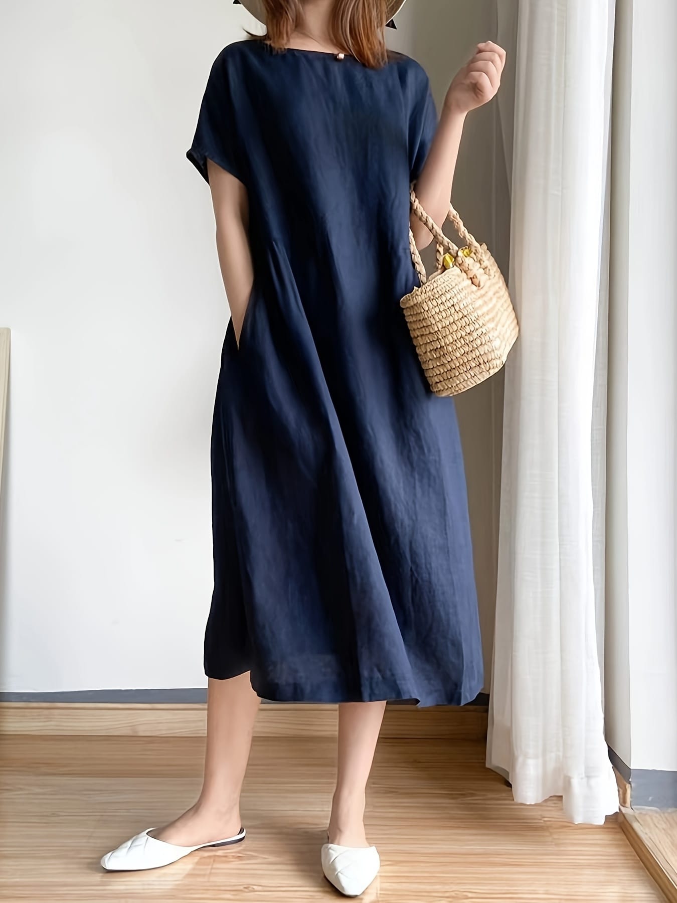 【リネン混】ワンピース 夏 レディース 半袖 ロング リネンワンピース リネンタッチ マキシ丈 Aライン ゆったり クルーネック 丸首 フレンチスリーブ ポケット付 無地 涼しい 通気性 軽い 薄手 体型カバー 着痩せ 二の腕カバー 大人可愛い きれいめ カジュアル