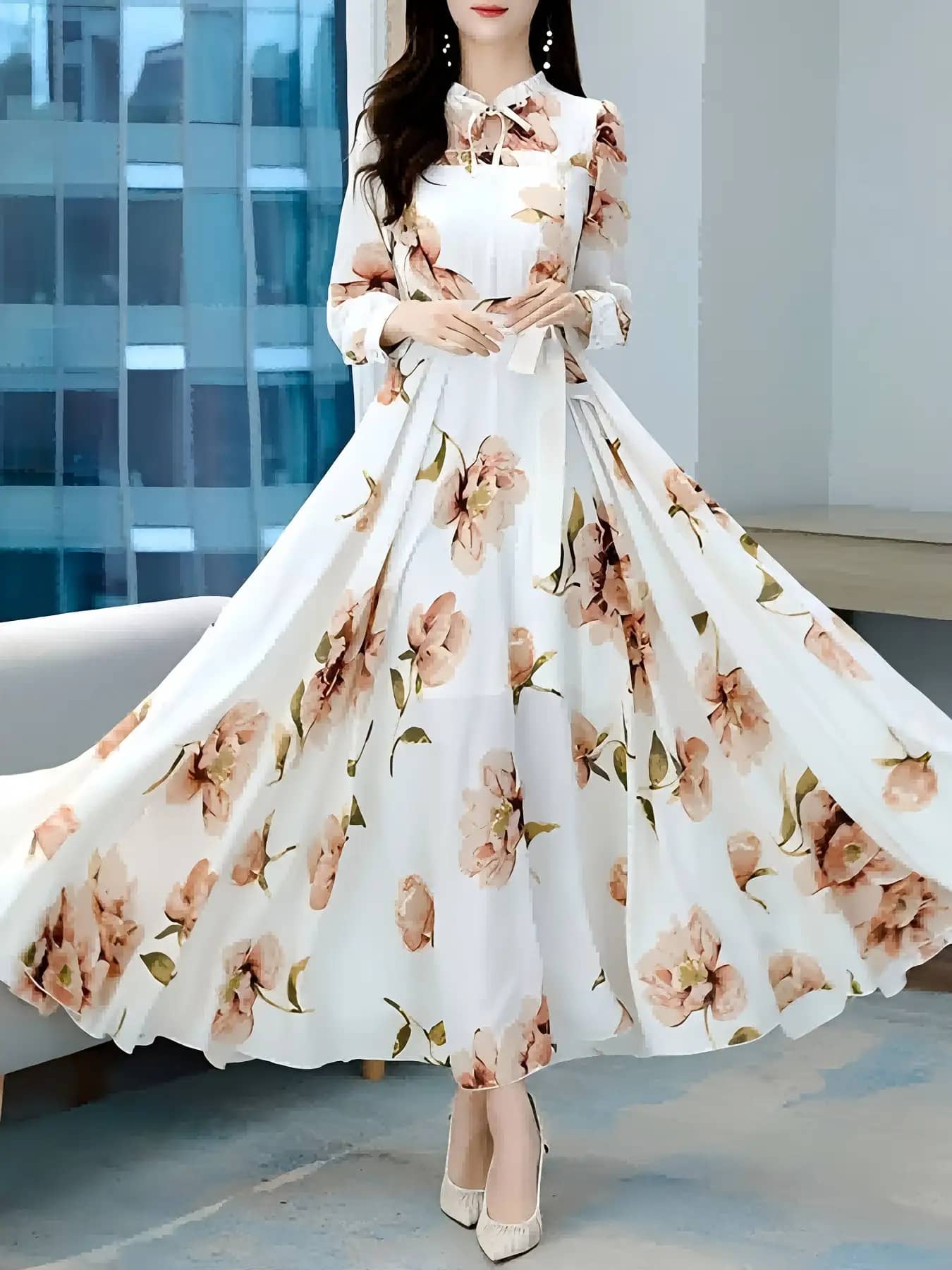 【華やか花柄】ロングワンピース レディース 長袖 シフォン ボウタイ リボン 立ち襟 フリルネック Ａライン マキシ丈 総柄 ワンピ 体型カバー 二の腕カバー 着痩せ 細見え 脚長効果 ハイウエスト ウエストマーク 結婚式 二次会 お呼ばれ パーティー 謝恩会 デート 通勤