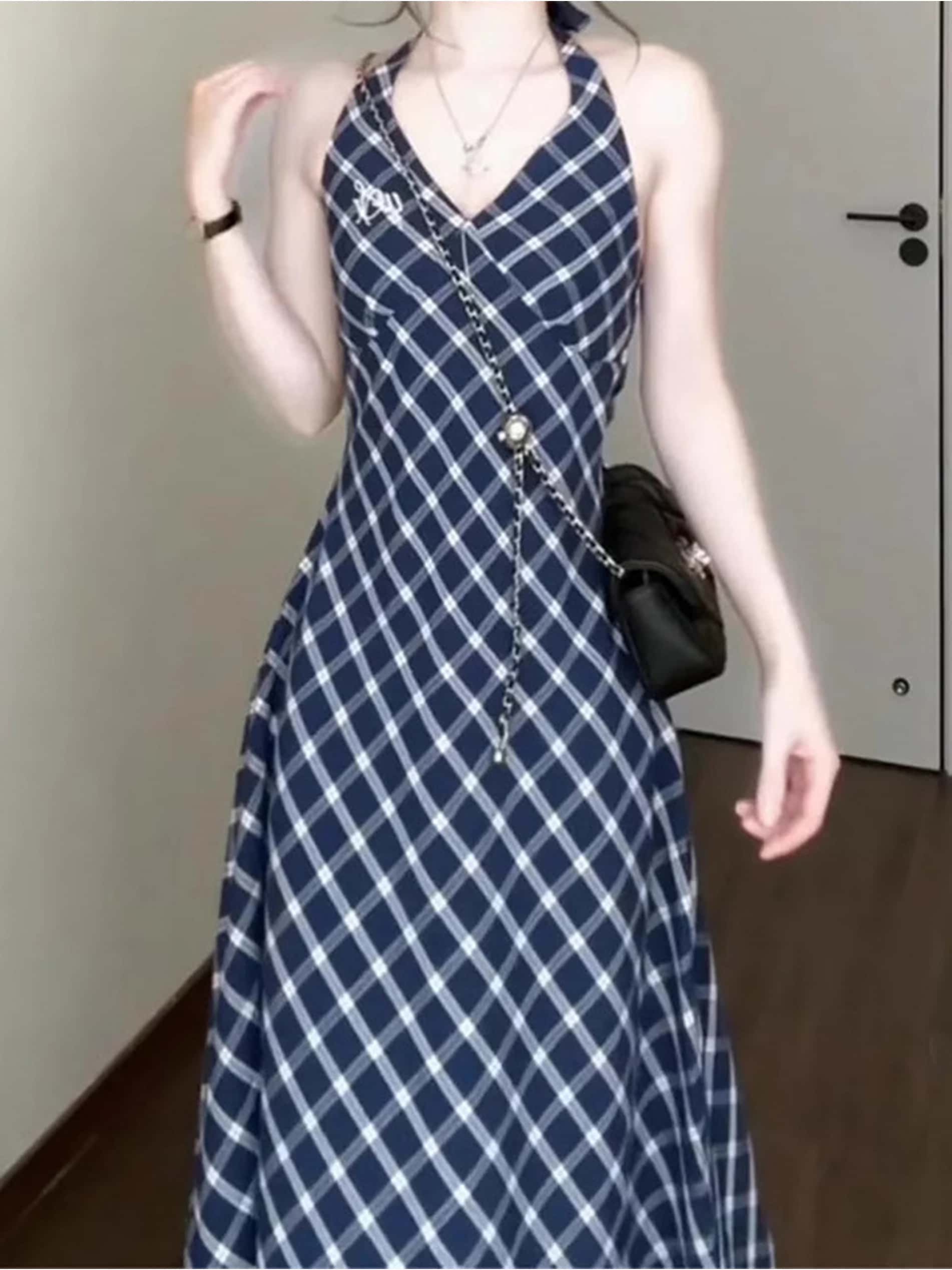 【大人可愛い】ワンピース レディース 夏 ロング チェック柄 ホルターネック ノースリーブ Ａライン ロングワンピース マキシワンピース マキシ丈 ワンピ 膝下 袖なし 背中あき セクシー 体型カバー 着痩せ 細見え きれいめ 韓国ファッション リゾート 海 ビーチ 旅行